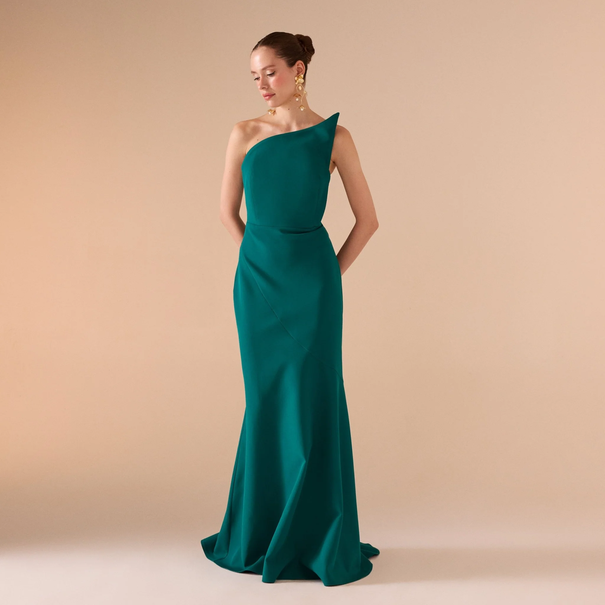 Green Sleeveless Crepe Gown with Detailed Top