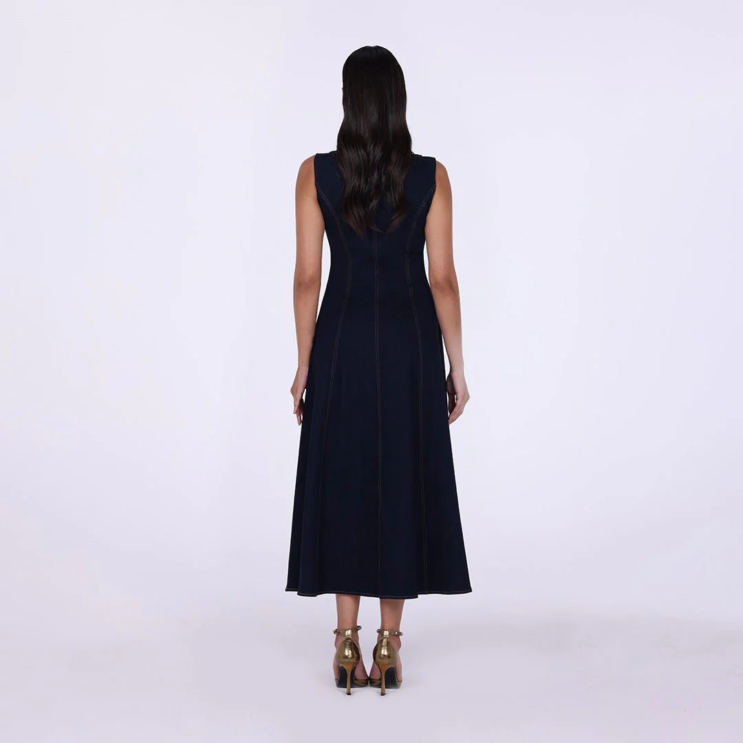 Sleeveless Denim A-Line Midi Dress with Decorative Buttons - Image 5