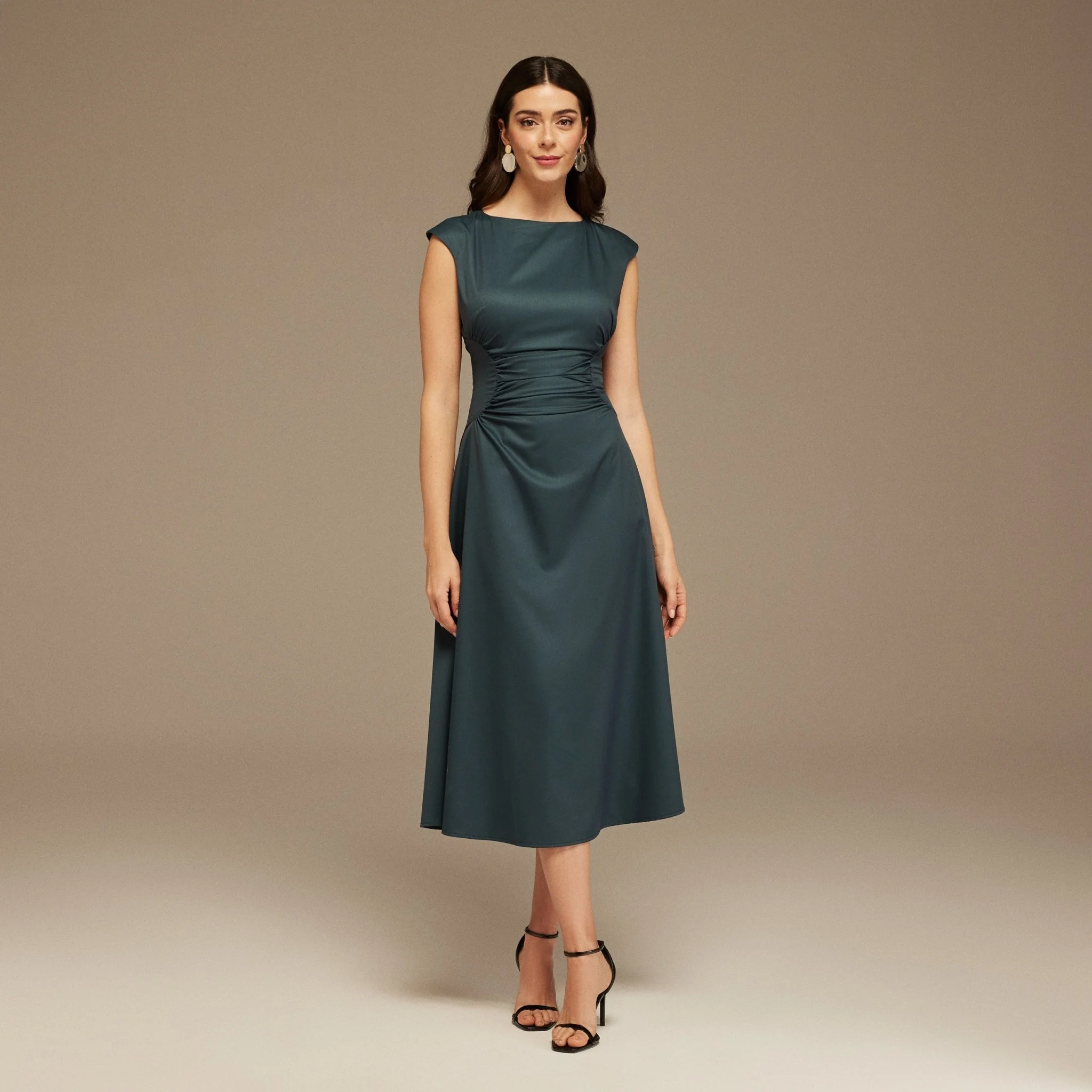 Dark Teal Sleeveless Maxi Dress With Gathered Waist