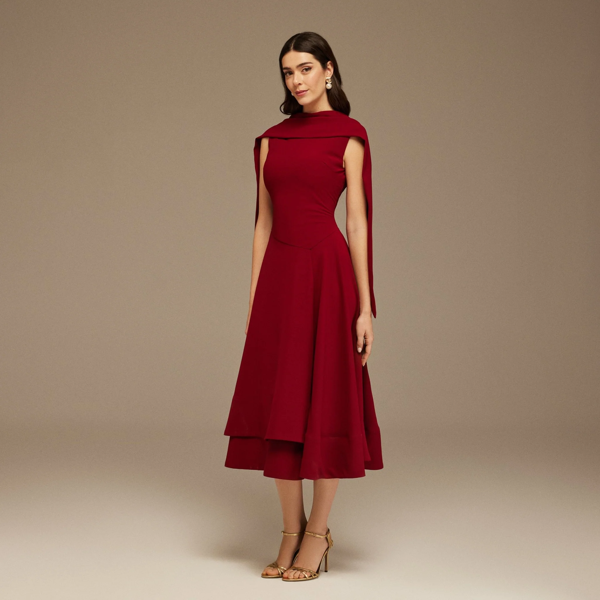 Sleeveless Crepe Dress With Scarf - Image 2