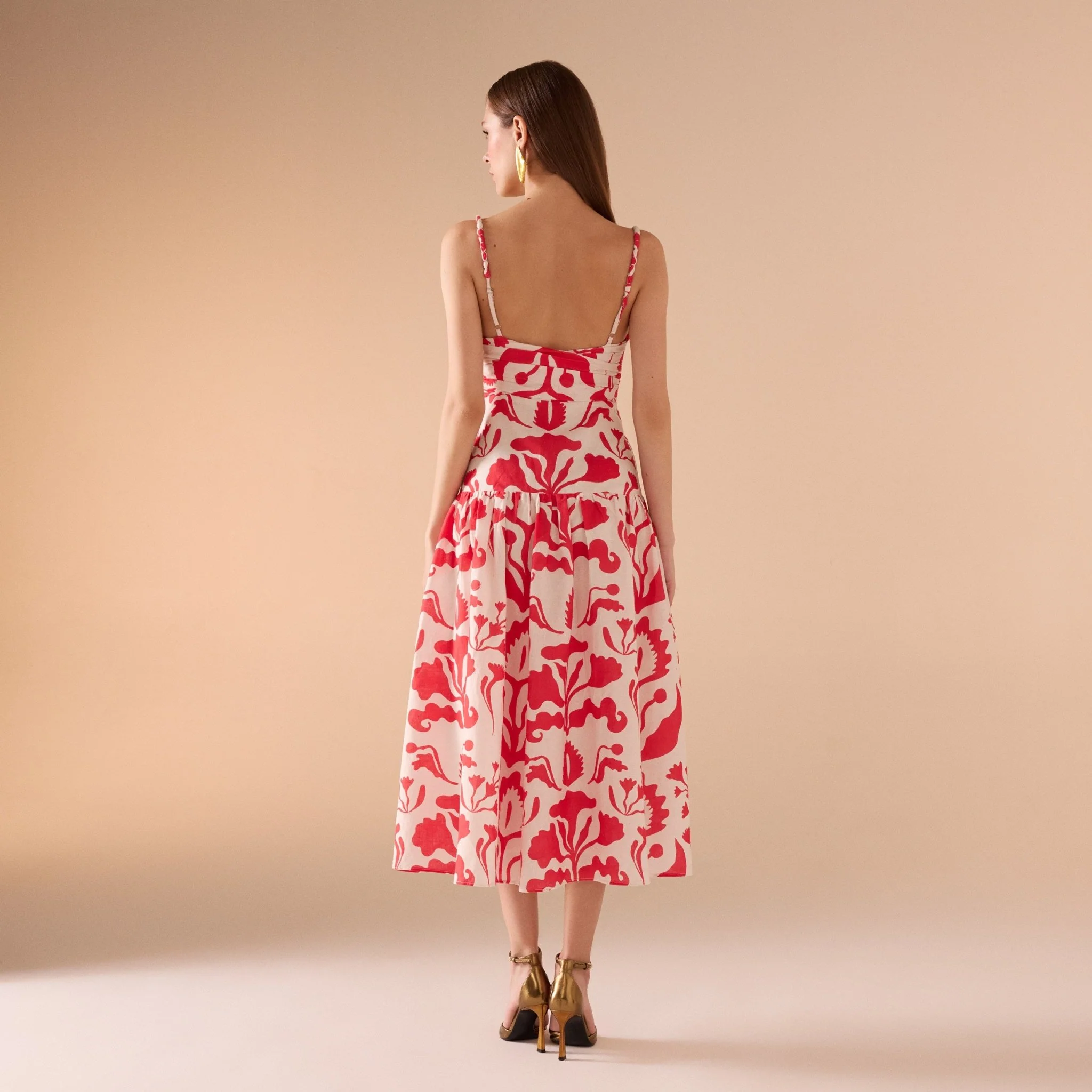 Red Sleeveless Linen Printed Midi Dress - Image 4