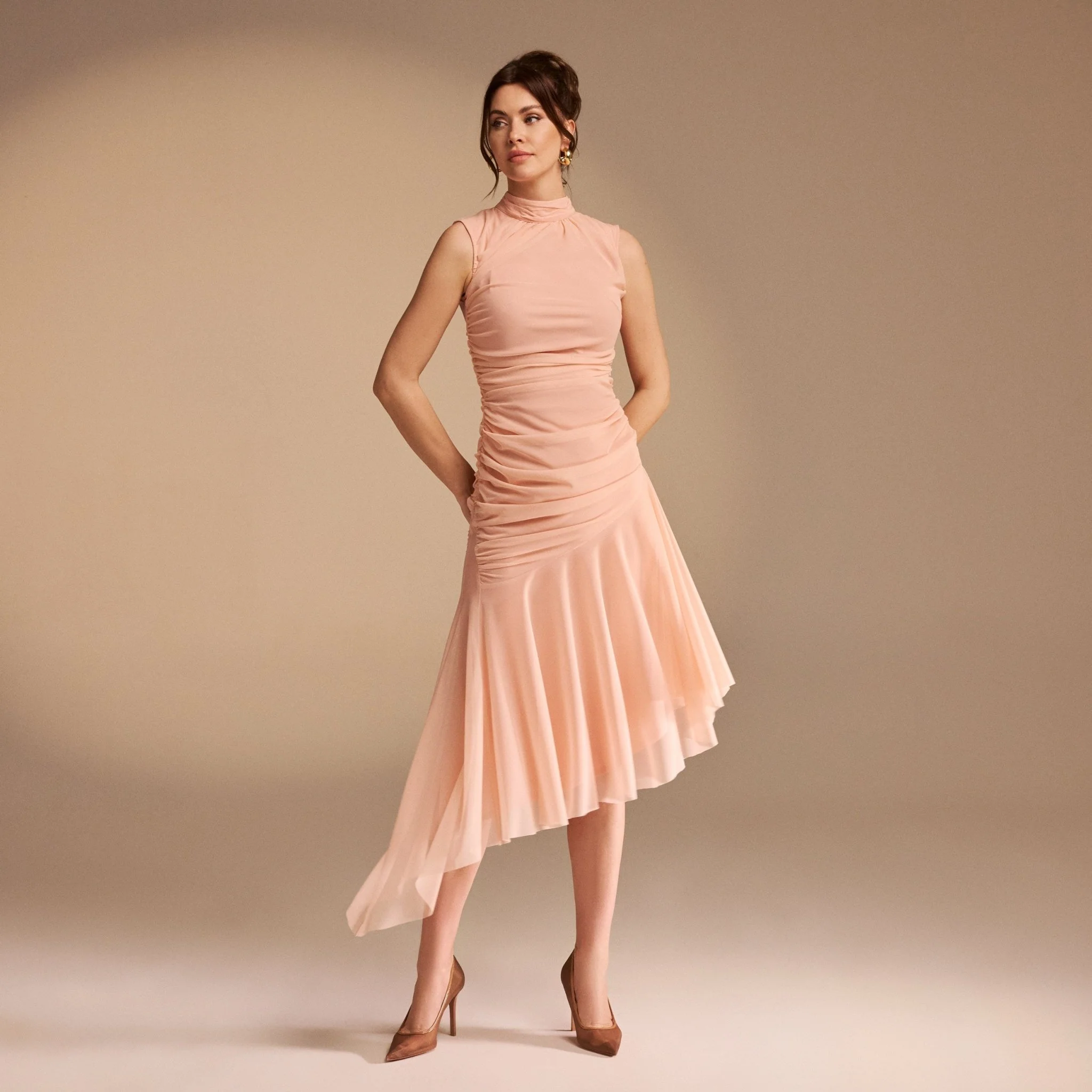 Sleeveless Ruched Ruffles Midi Dress