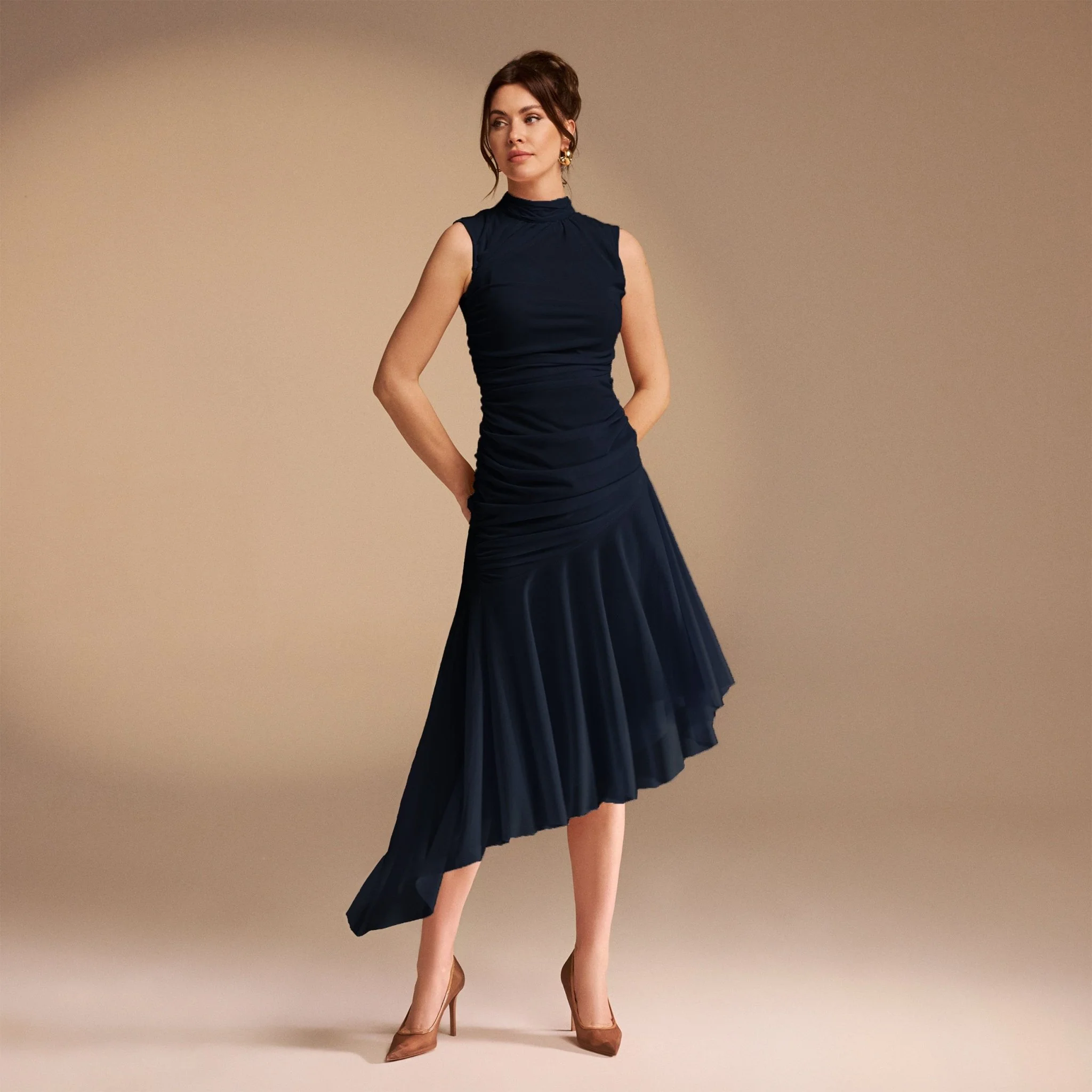 Sleeveless Ruched Ruffles Midi Dress