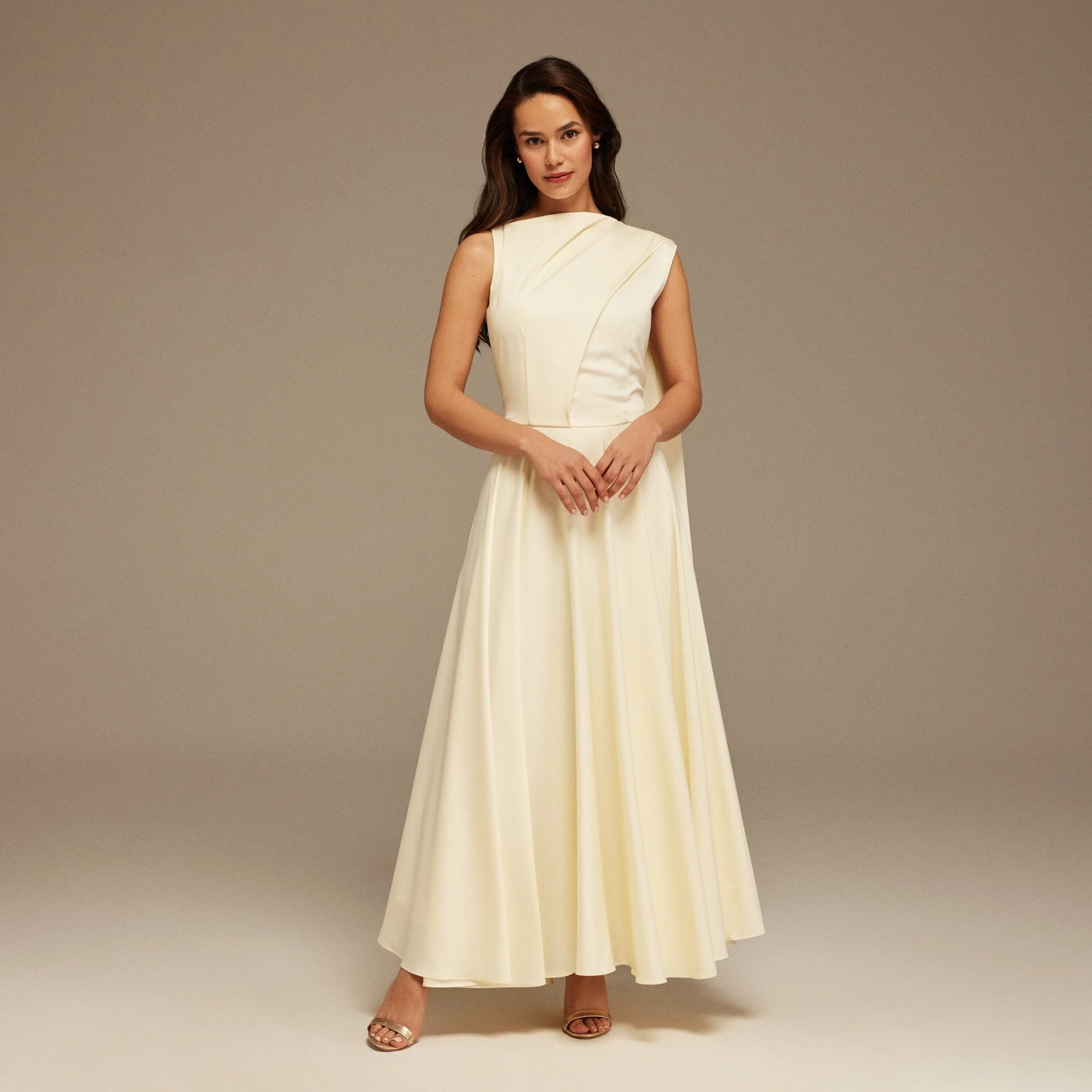 Ivory Sleeveless Satin Maxi Dress With Scarf