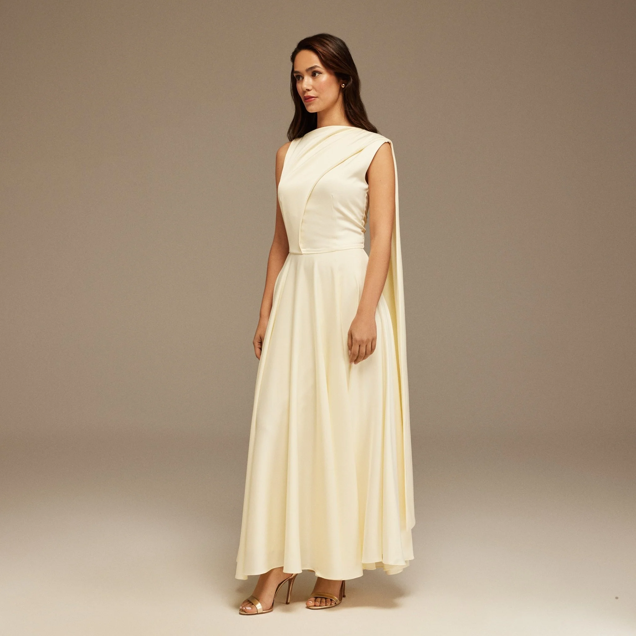 Ivory Sleeveless Satin Maxi Dress With Scarf - Image 2