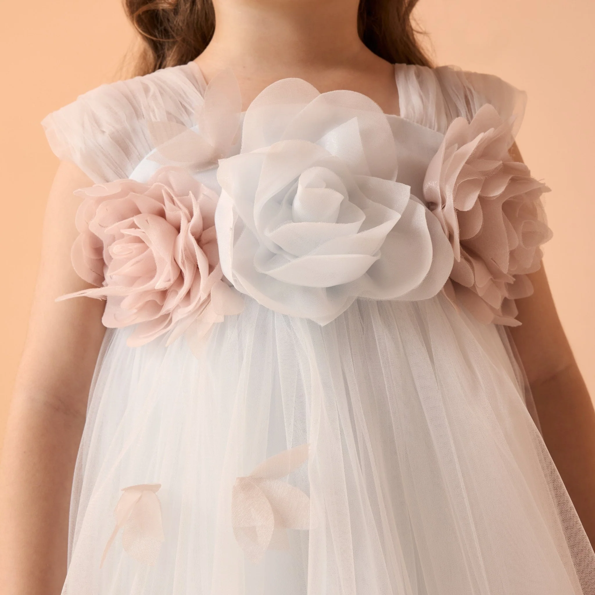 Off White Sleeveless Tulle Dress With Flowers - Image 3