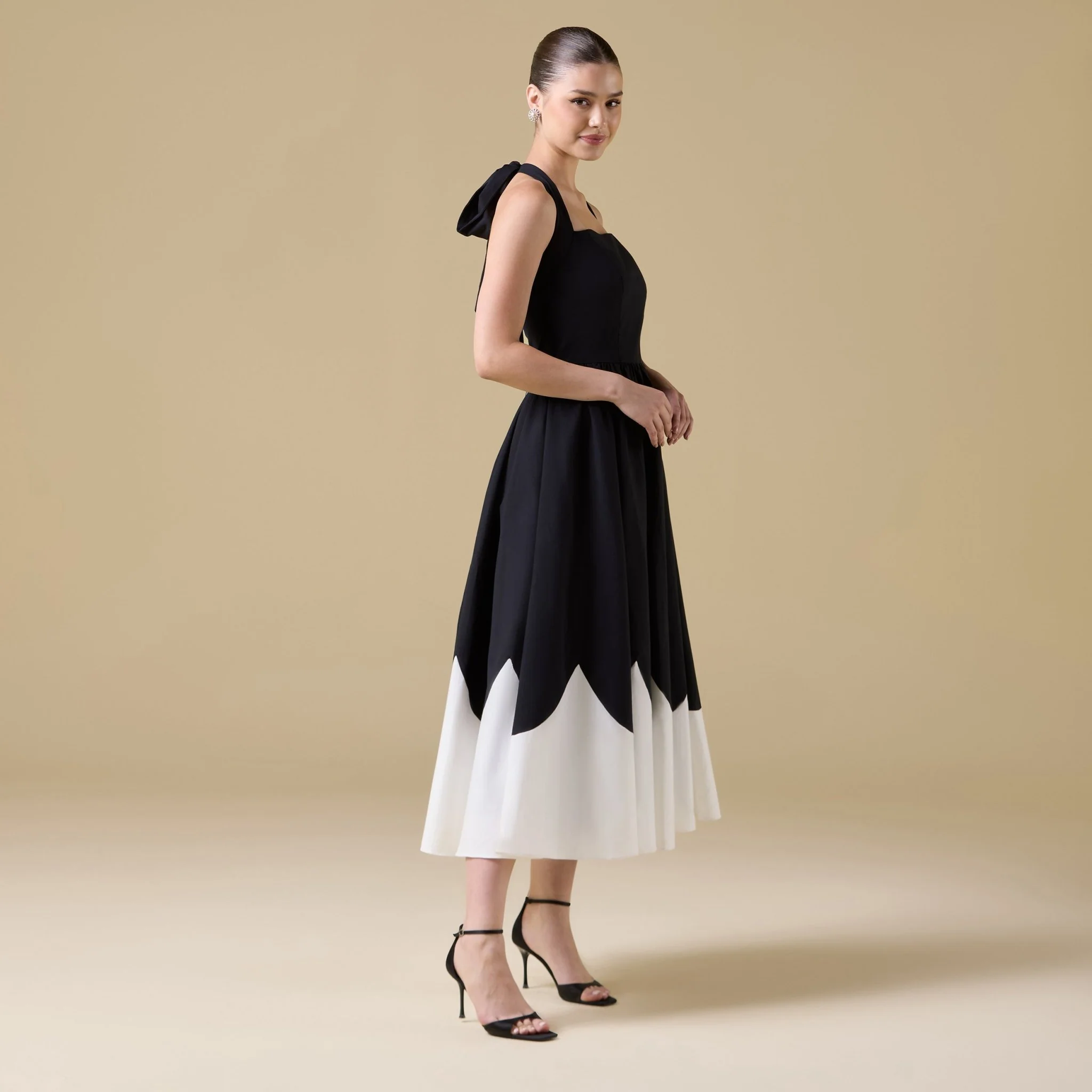 Black & White Spaghetti Strap Cotton Maxi Dress with Gathered Bodice - Image 2
