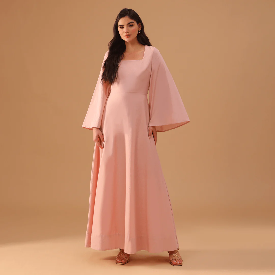 Linen Square Neck Long Flared Sleeve Dress