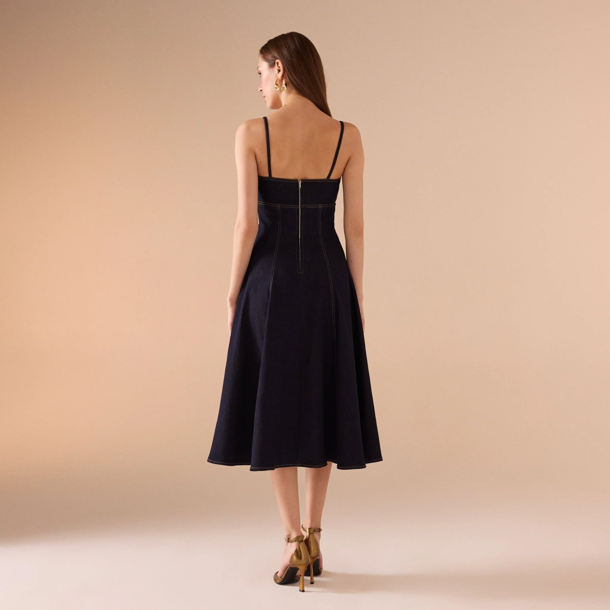 Strapped A-line Black Denim Midi Dress - Image 3