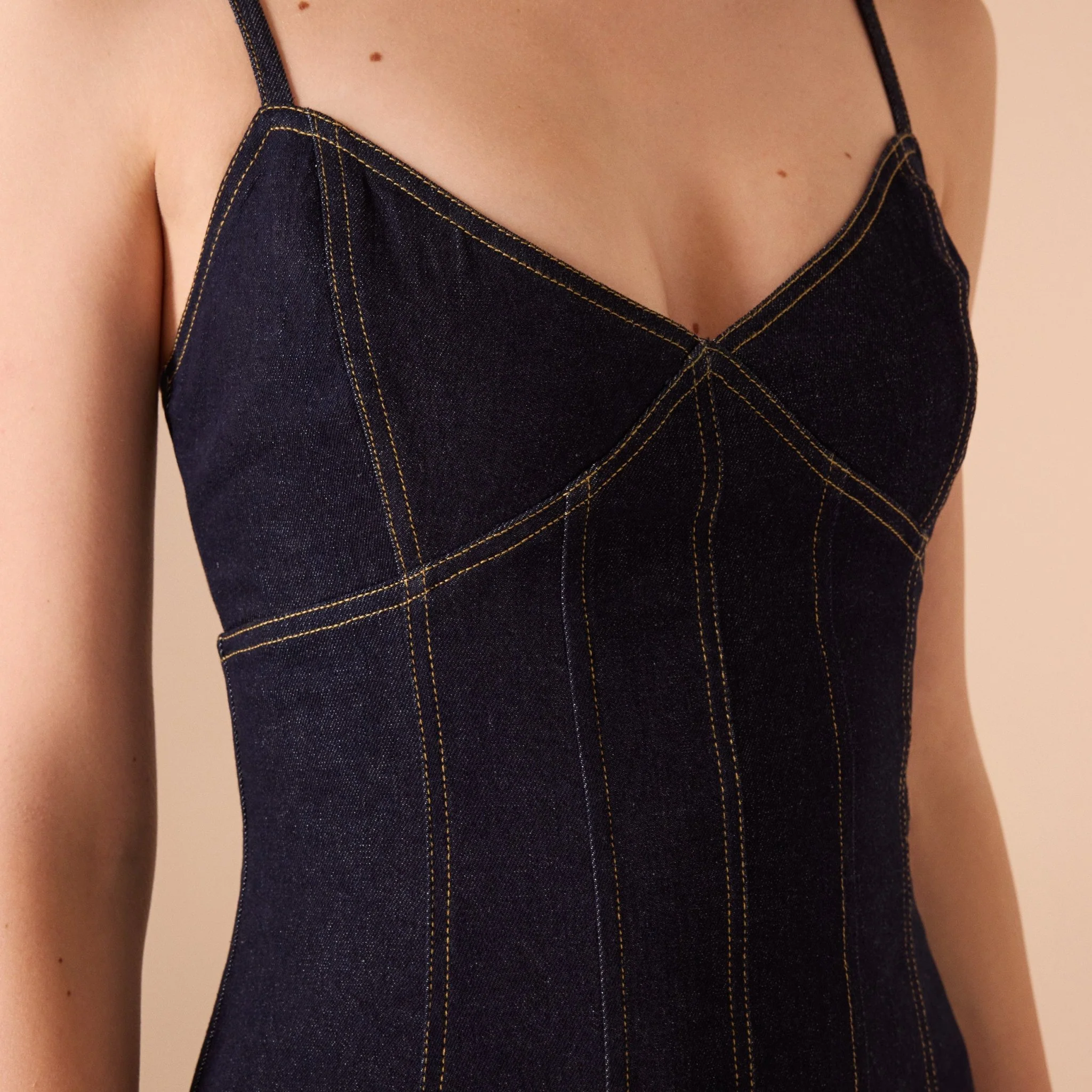 Strapped A-line Black Denim Midi Dress - Image 4