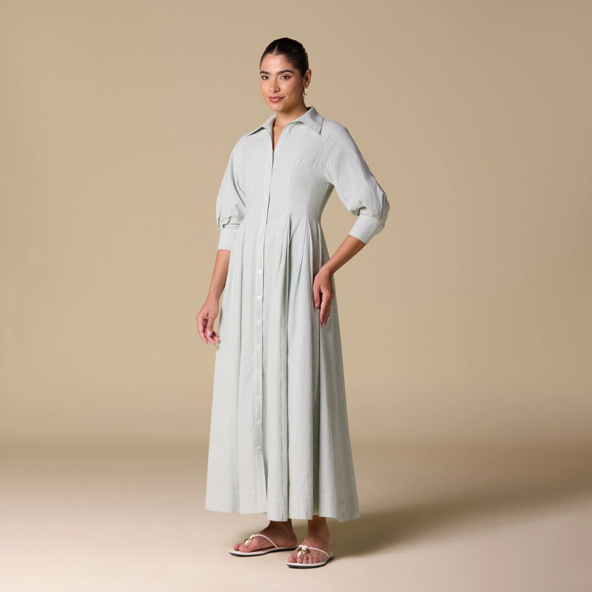 Light Green Striped Poplin Pleated Waist Maxi Shirt Dress - Image 2
