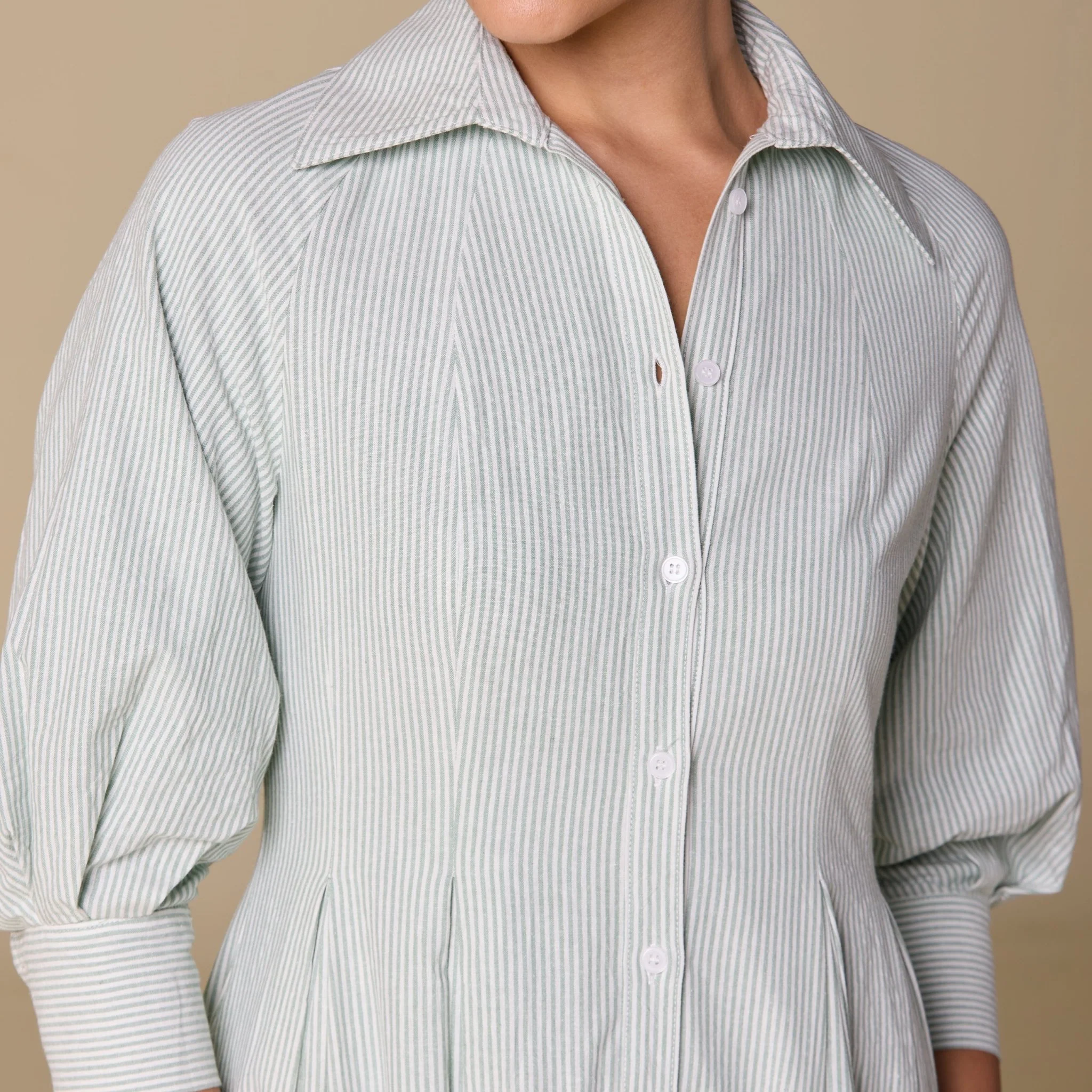 Light Green Striped Poplin Pleated Waist Maxi Shirt Dress - Image 3