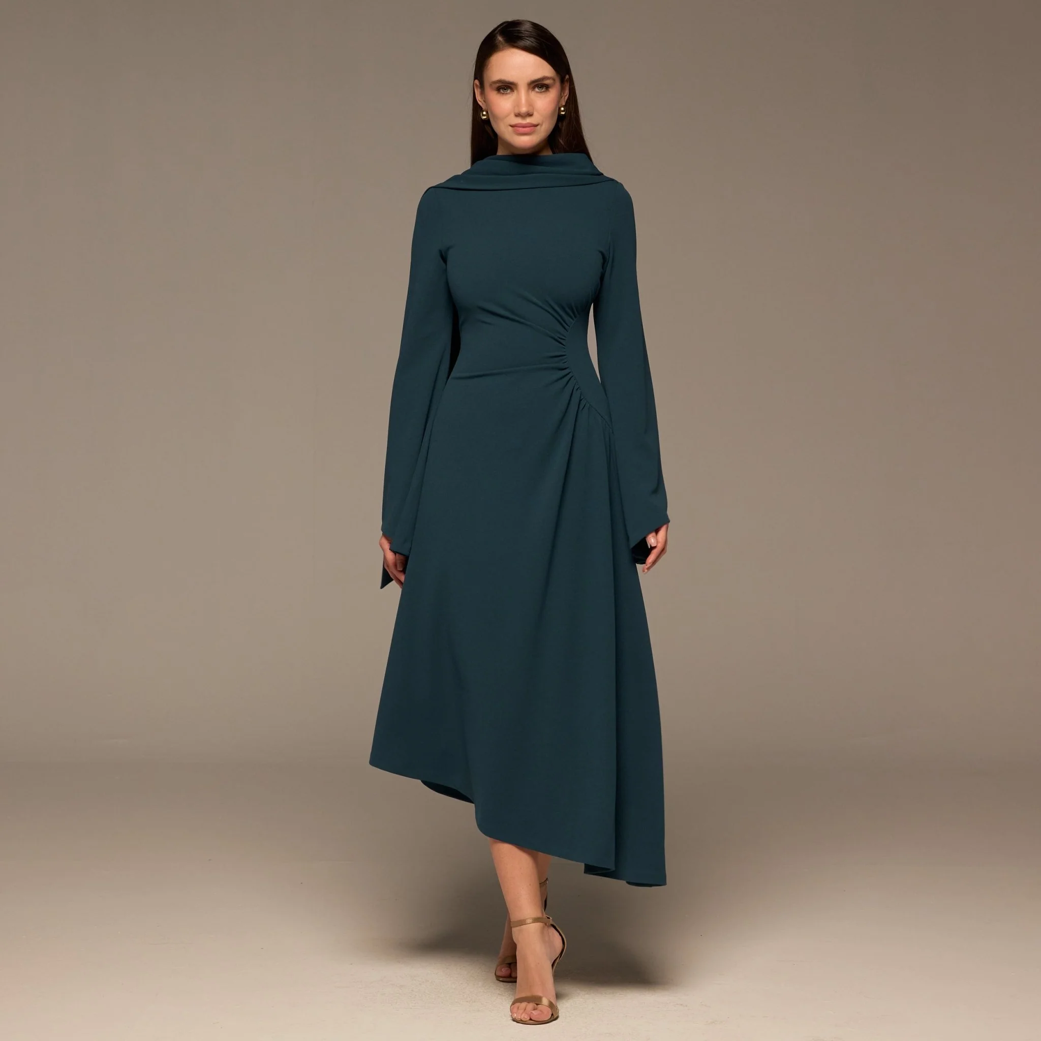 Teal Gathered Waist Midi Dress with Scarf