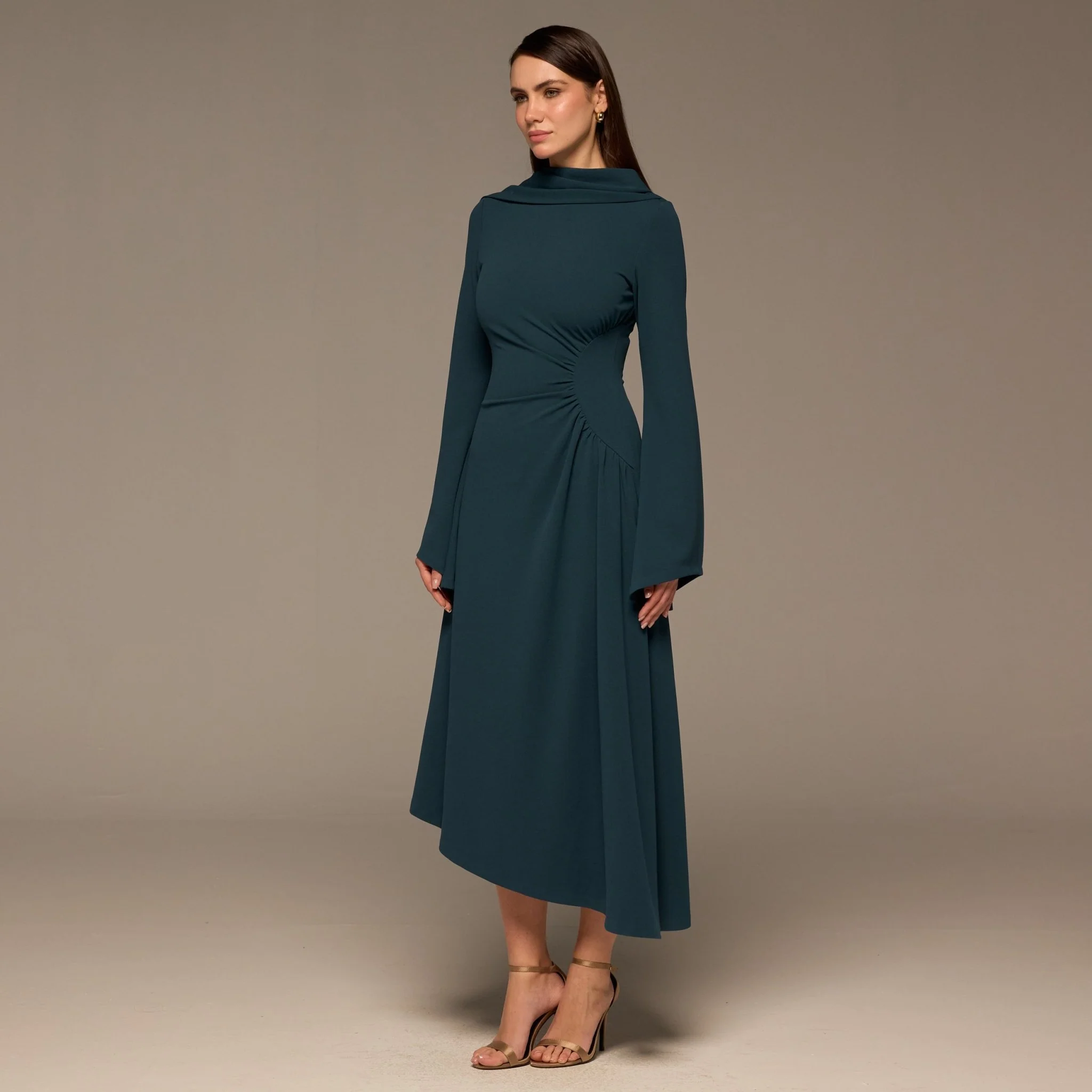 Teal Gathered Waist Midi Dress with Scarf - Image 2