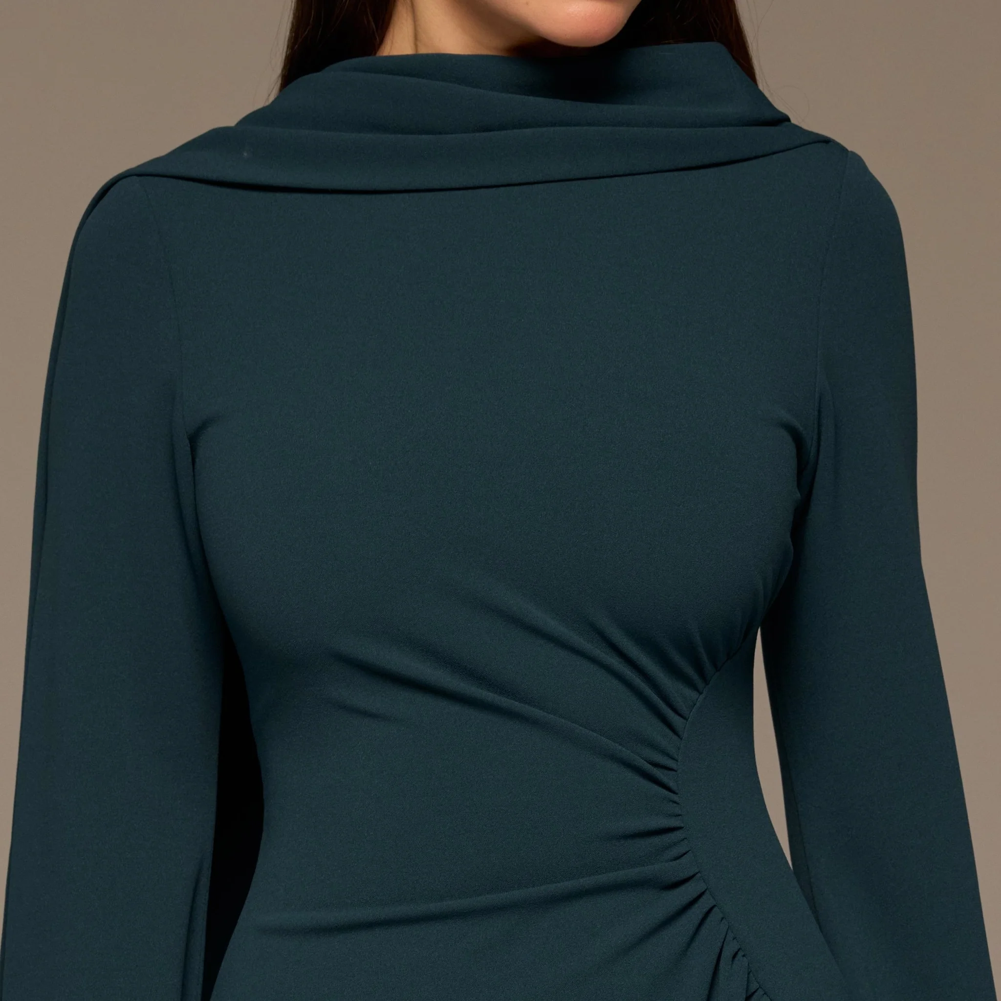 Teal Gathered Waist Midi Dress with Scarf - Image 3