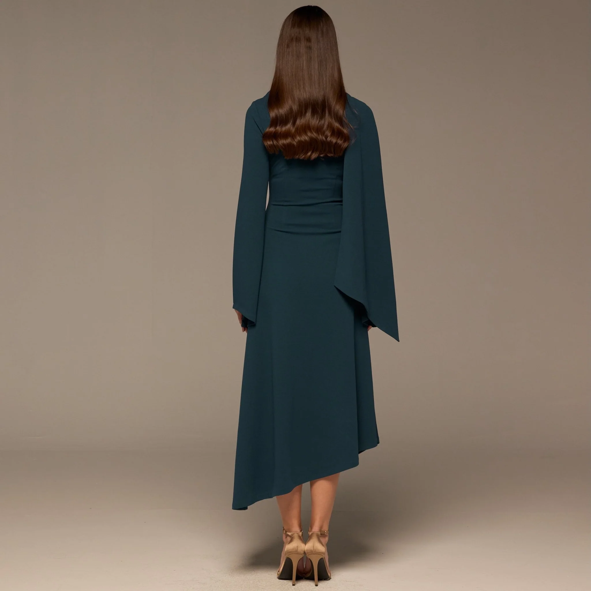Teal Gathered Waist Midi Dress with Scarf - Image 4