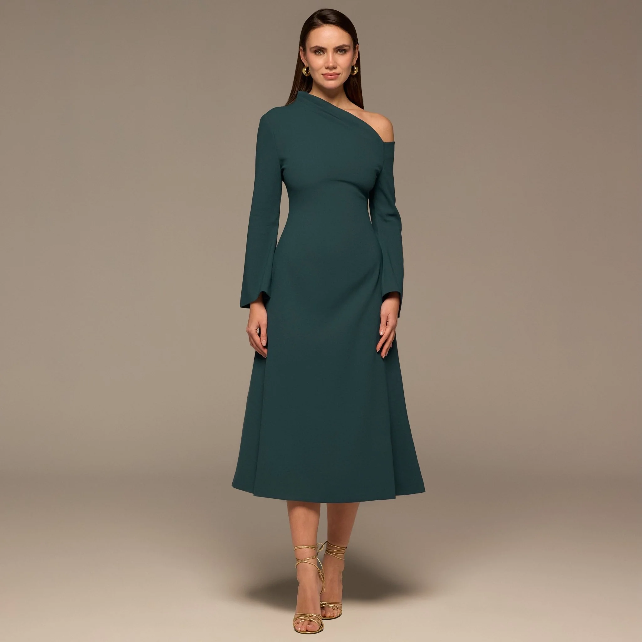 Teal Bare Shoulder Crepe Midi Dress