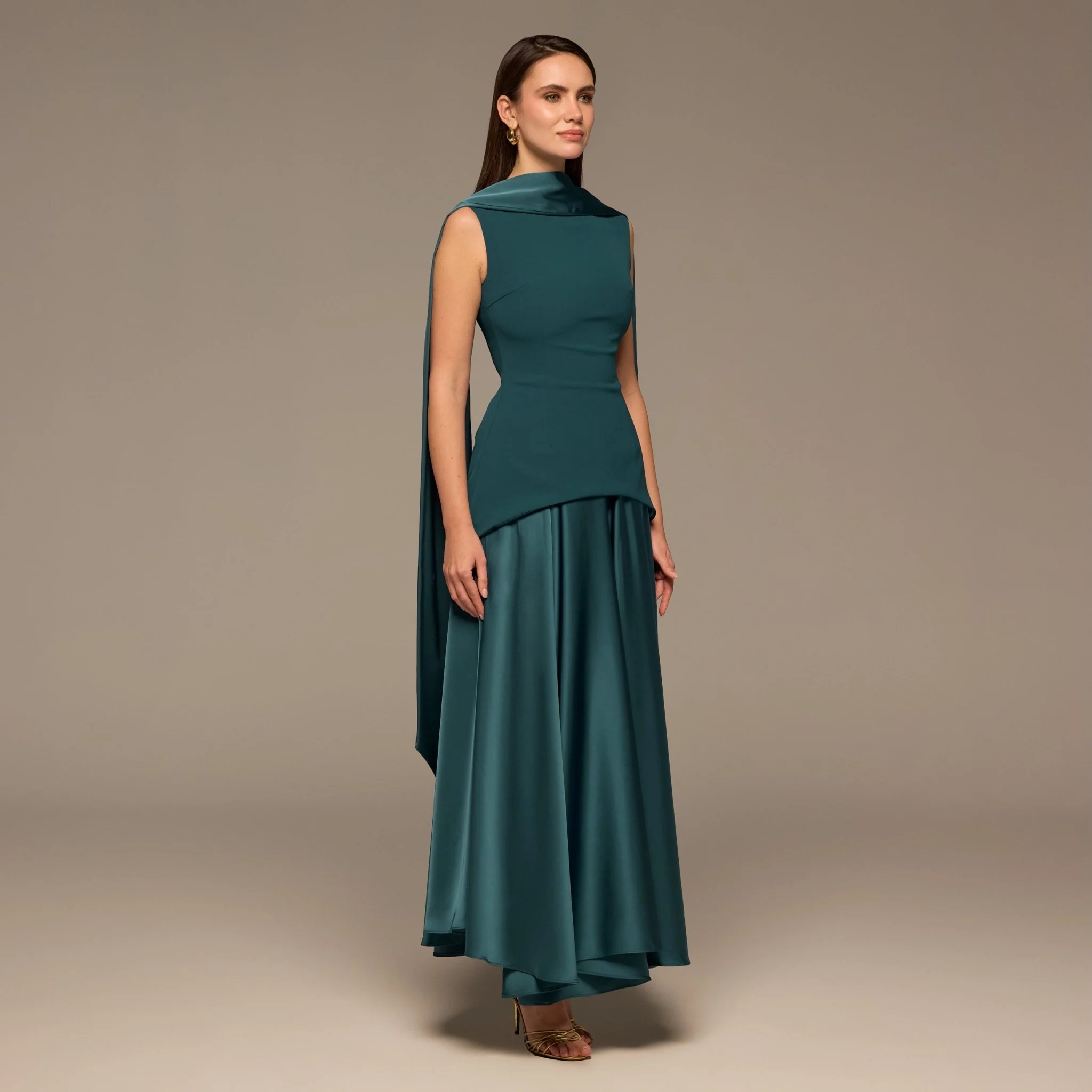 Teal Satin & Crepe Maxi Dress with Back Scarf - Image 2