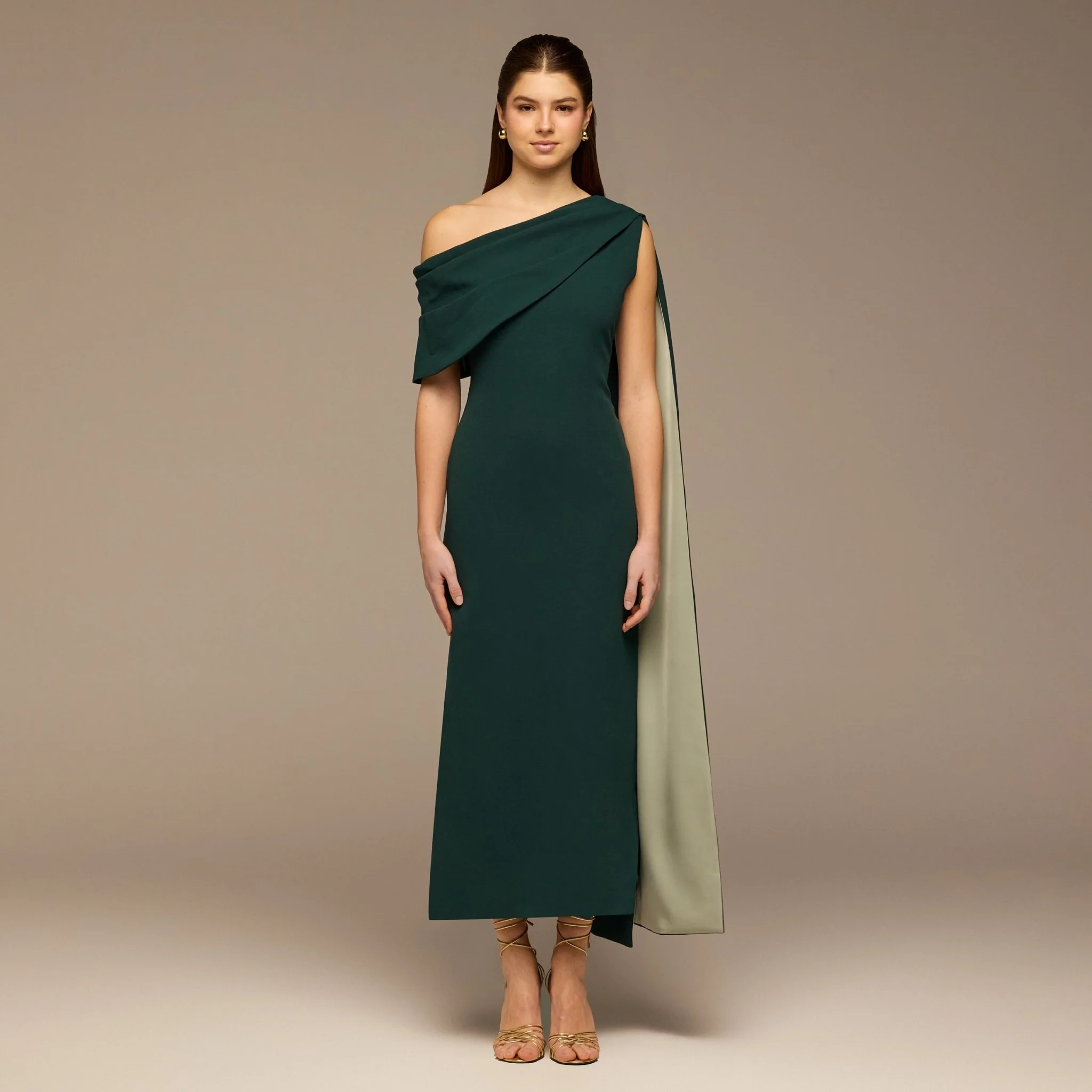 Teal One-Shoulder Crepe Dress with Scarf