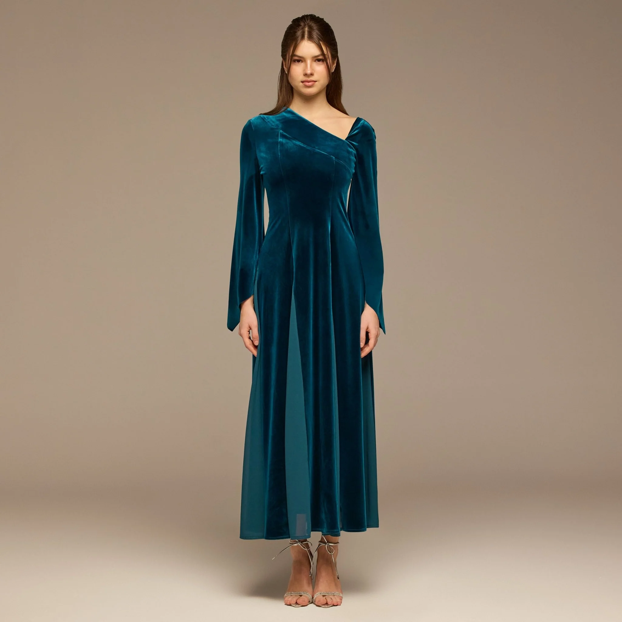 Teal Velvet Chiffon One-Shoulder Maxi Dress