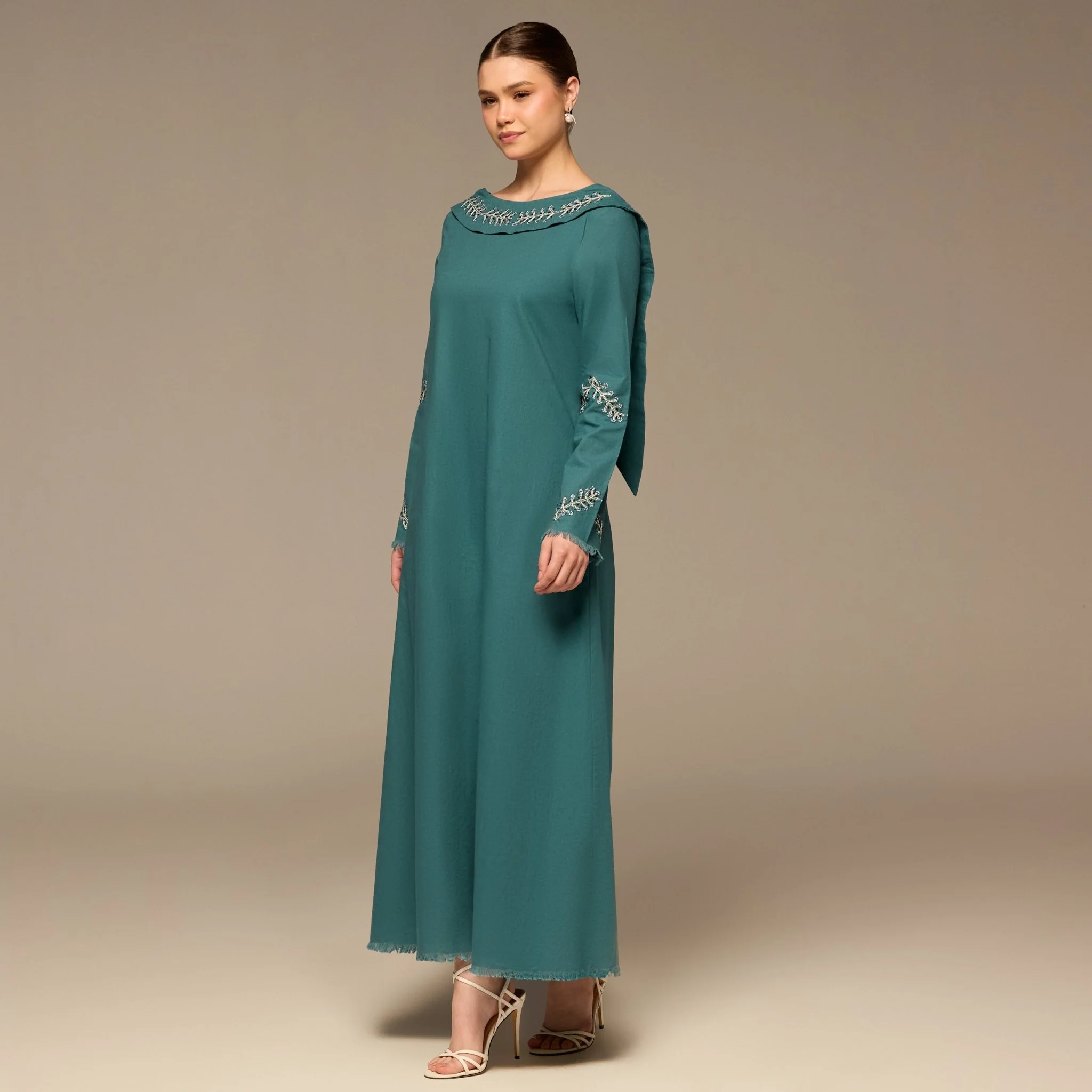 Teal Embroidered Neckline and Sleeve Linen Dress - Image 2