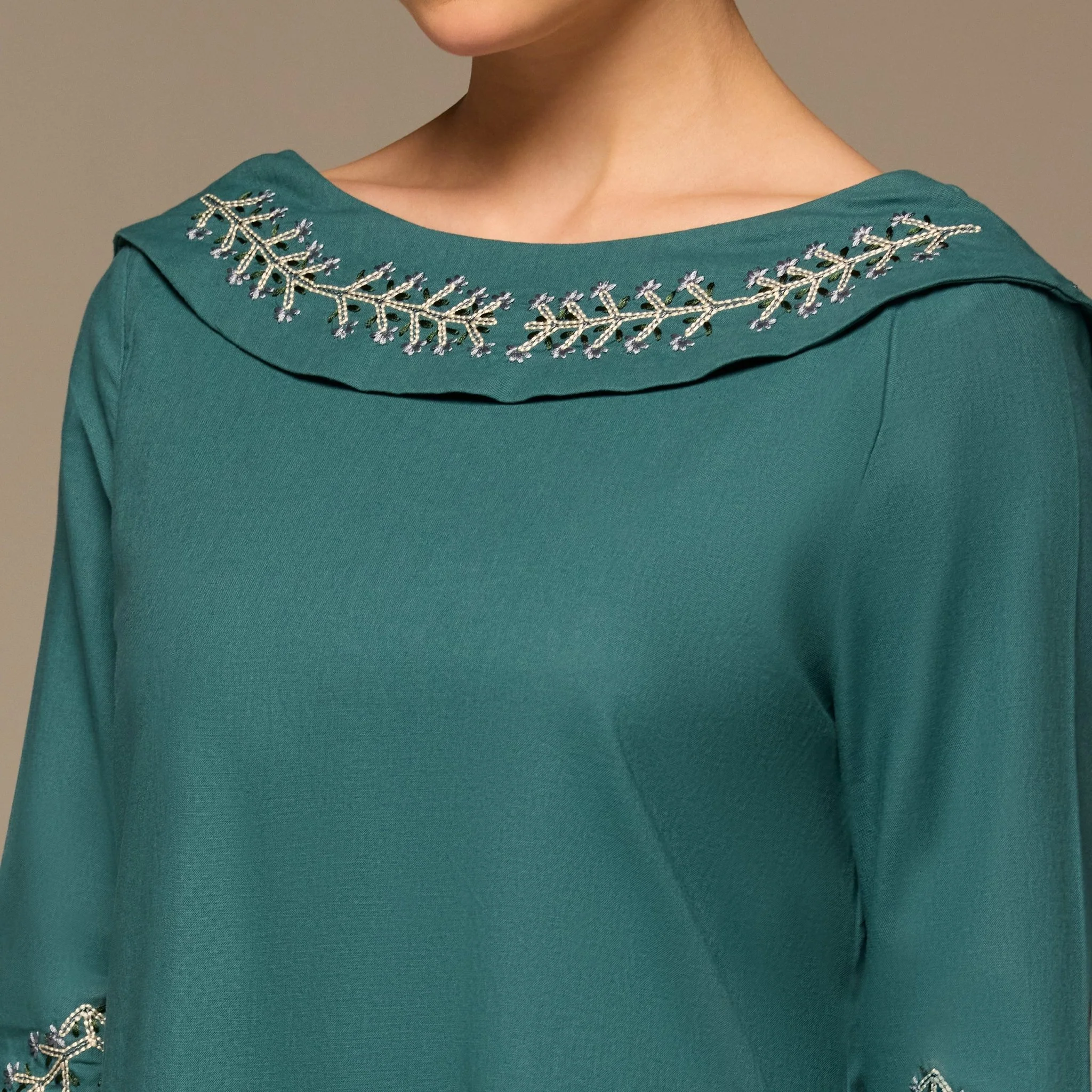 Teal Embroidered Neckline and Sleeve Linen Dress - Image 3
