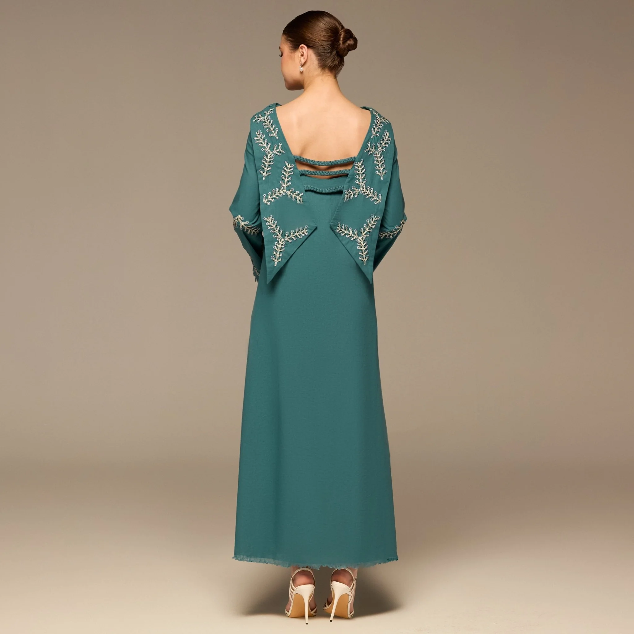 Teal Embroidered Neckline and Sleeve Linen Dress - Image 4