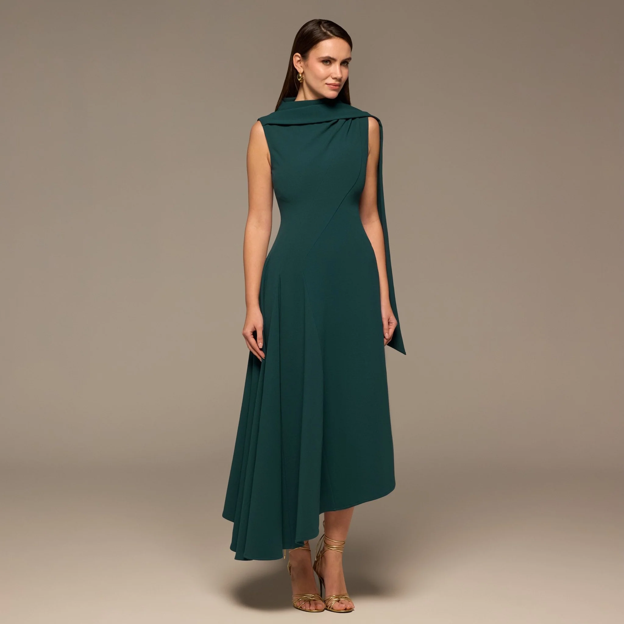 Teal Shoulder Scarf Asymmetric Midi Dress