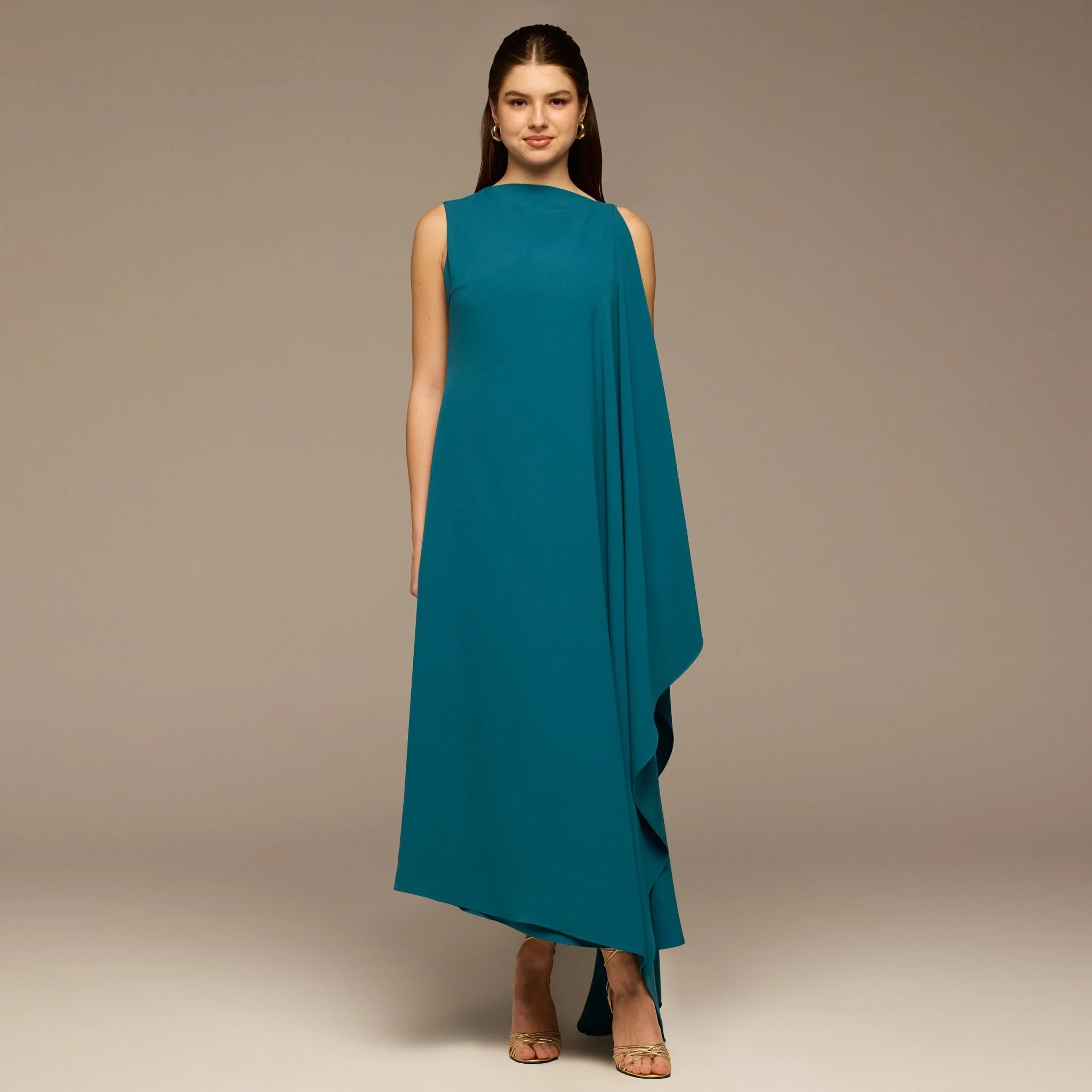 Teal Sleeveless Crepe Maxi Dress with Side Scarf - Image 2