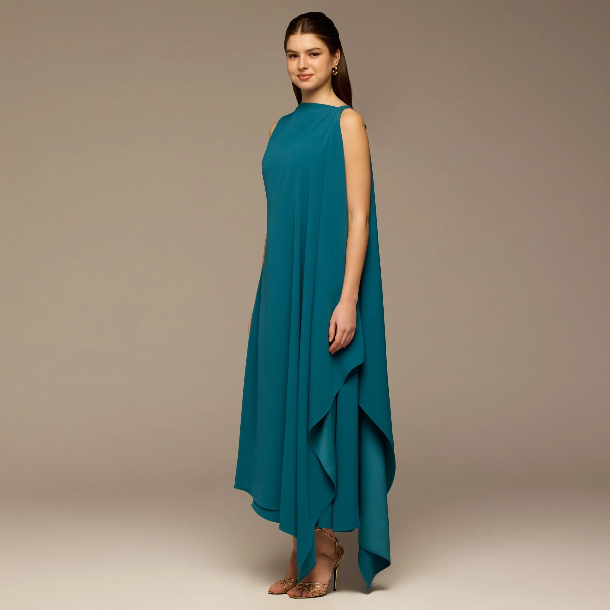 Teal Sleeveless Crepe Maxi Dress with Side Scarf - Image 3