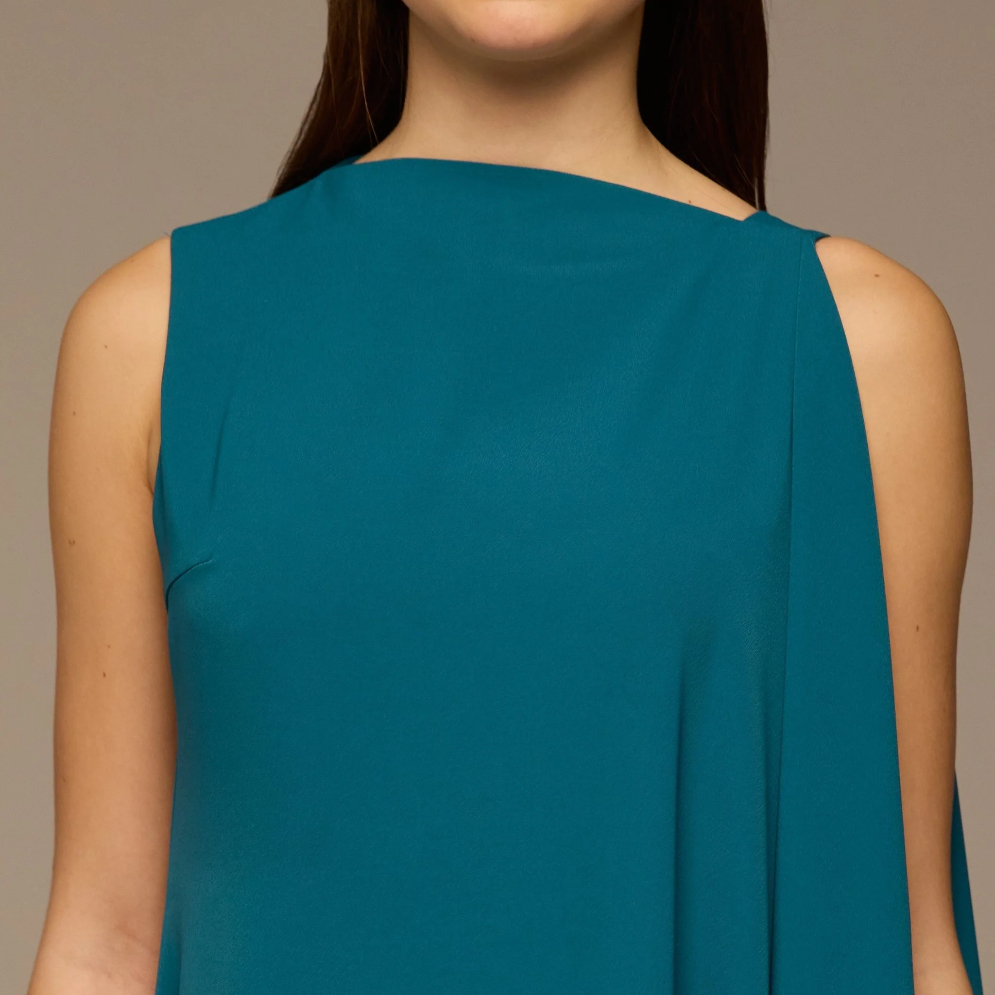 Teal Sleeveless Crepe Maxi Dress with Side Scarf - Image 4