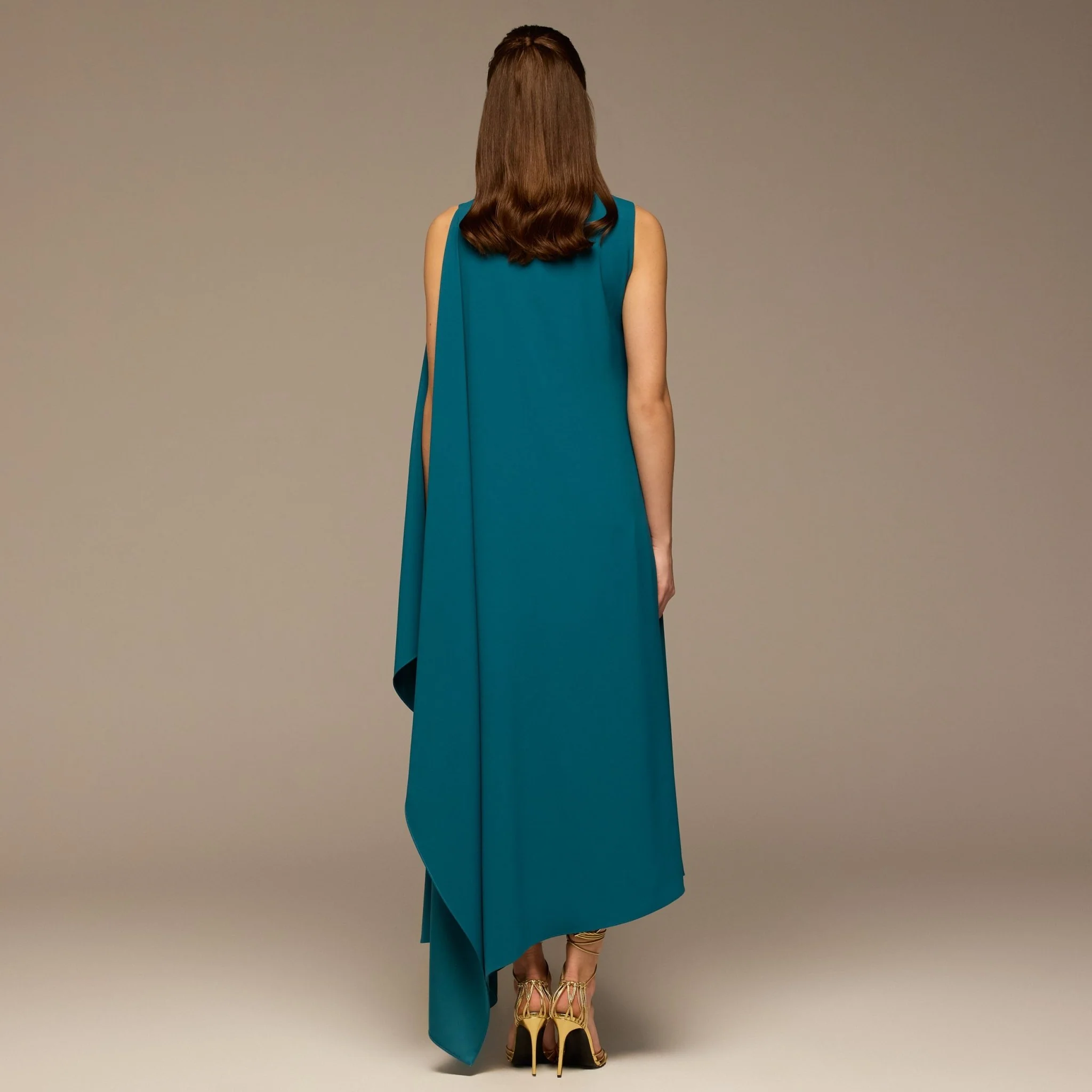 Teal Sleeveless Crepe Maxi Dress with Side Scarf - Image 5