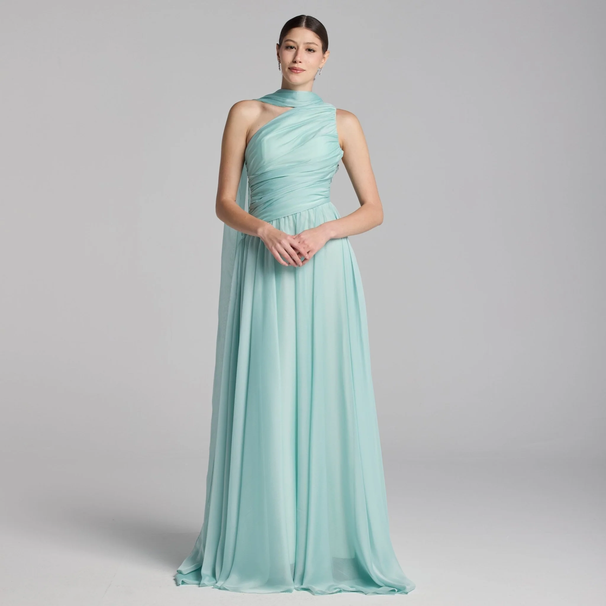 Turquoise One Shoulder Draped Chiffon Maxi Dress