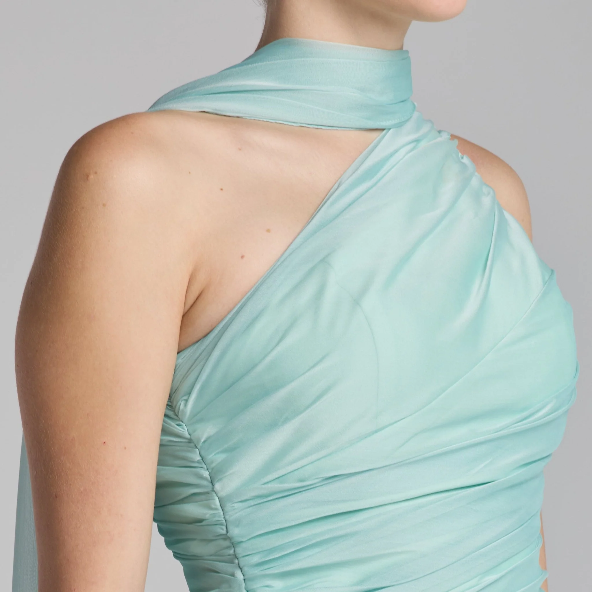 Turquoise One Shoulder Draped Chiffon Maxi Dress - Image 2