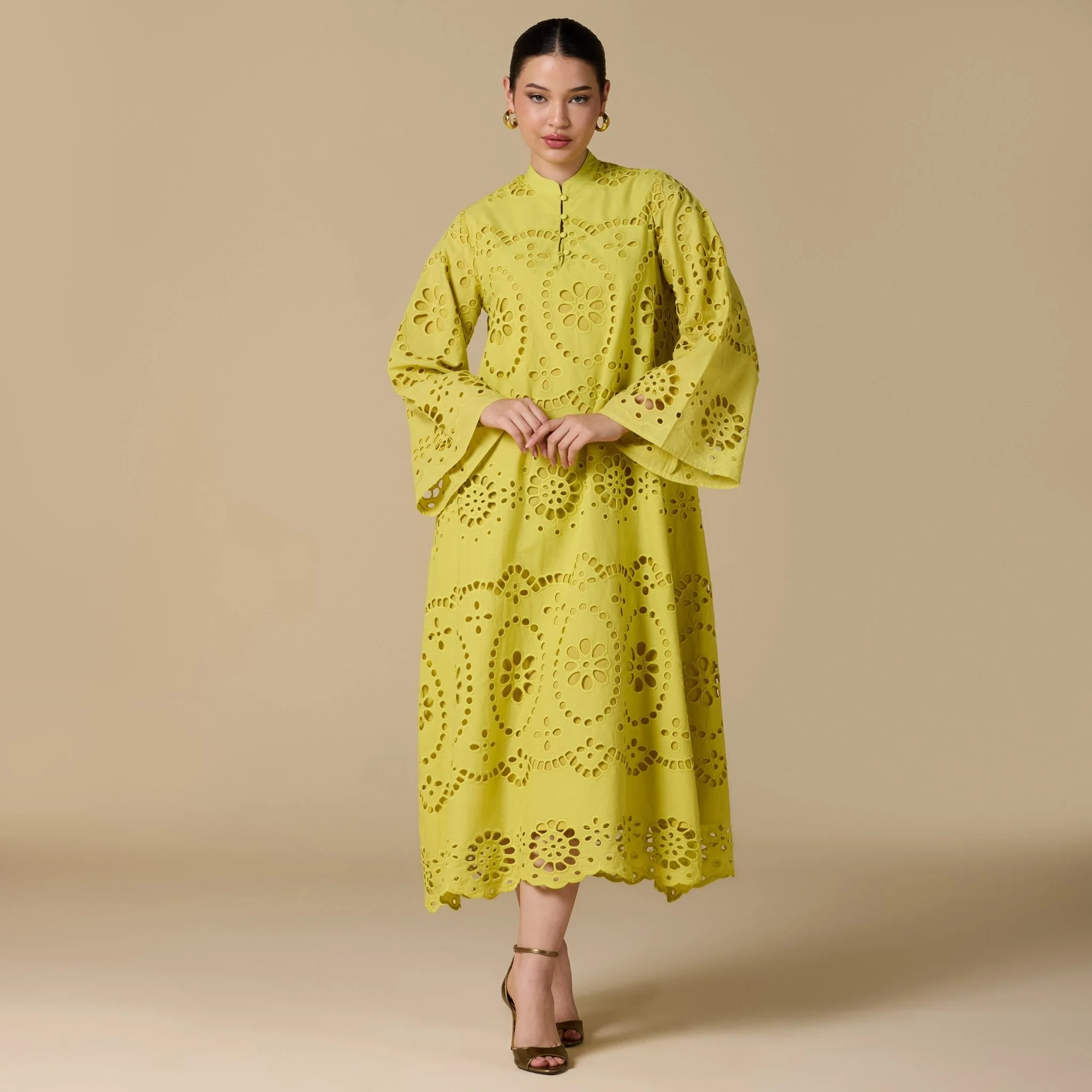 Tonal cotton Wide sleeve midi dress - Image 4