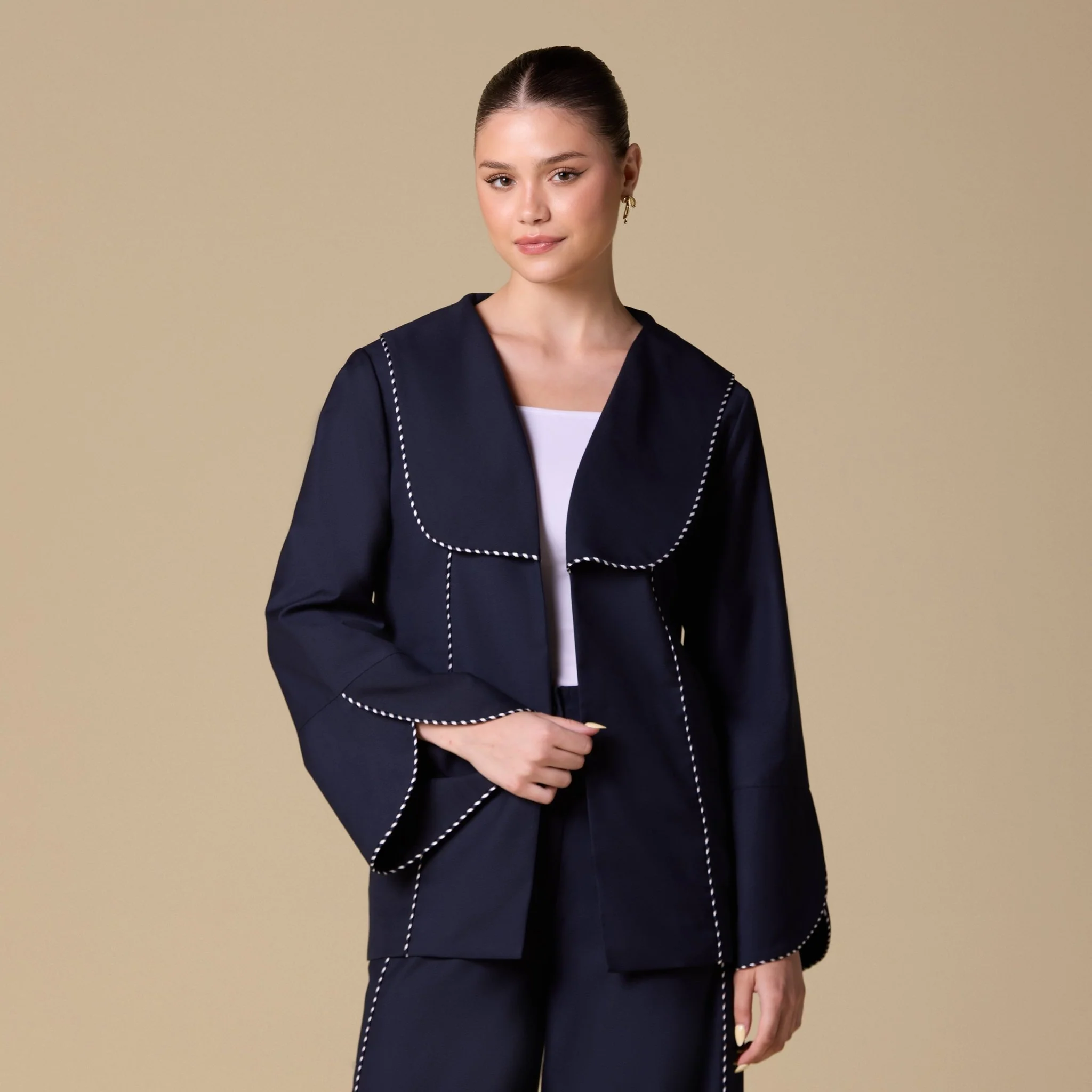 Blue Twill Kimono-Style Trim Top