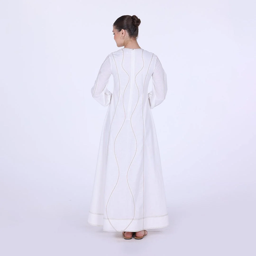 White Twill Round Neck Puff Sleeve Maxi Dress - Image 4