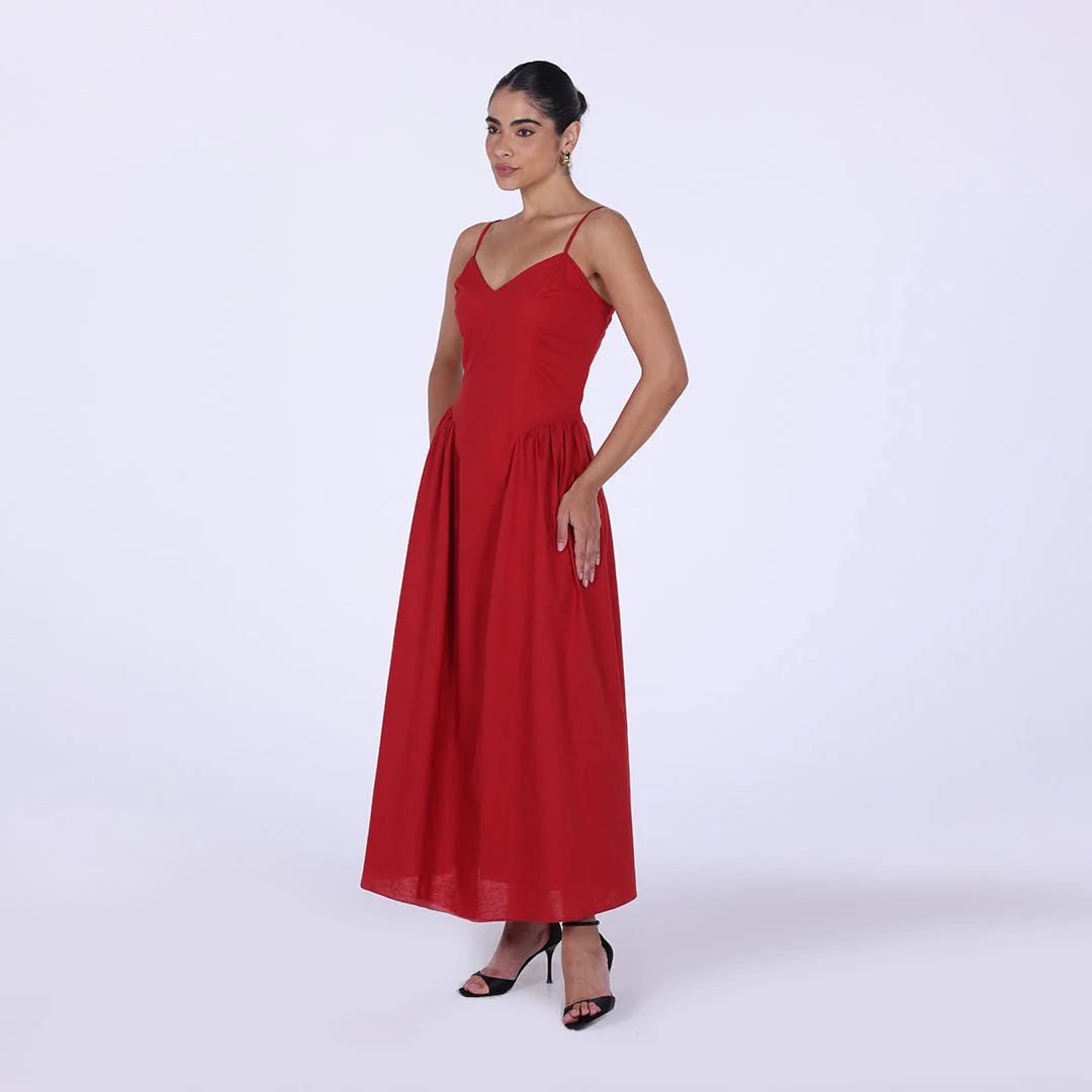 Linen V-neckline Spaghetti Straps Midi Dress - Image 2