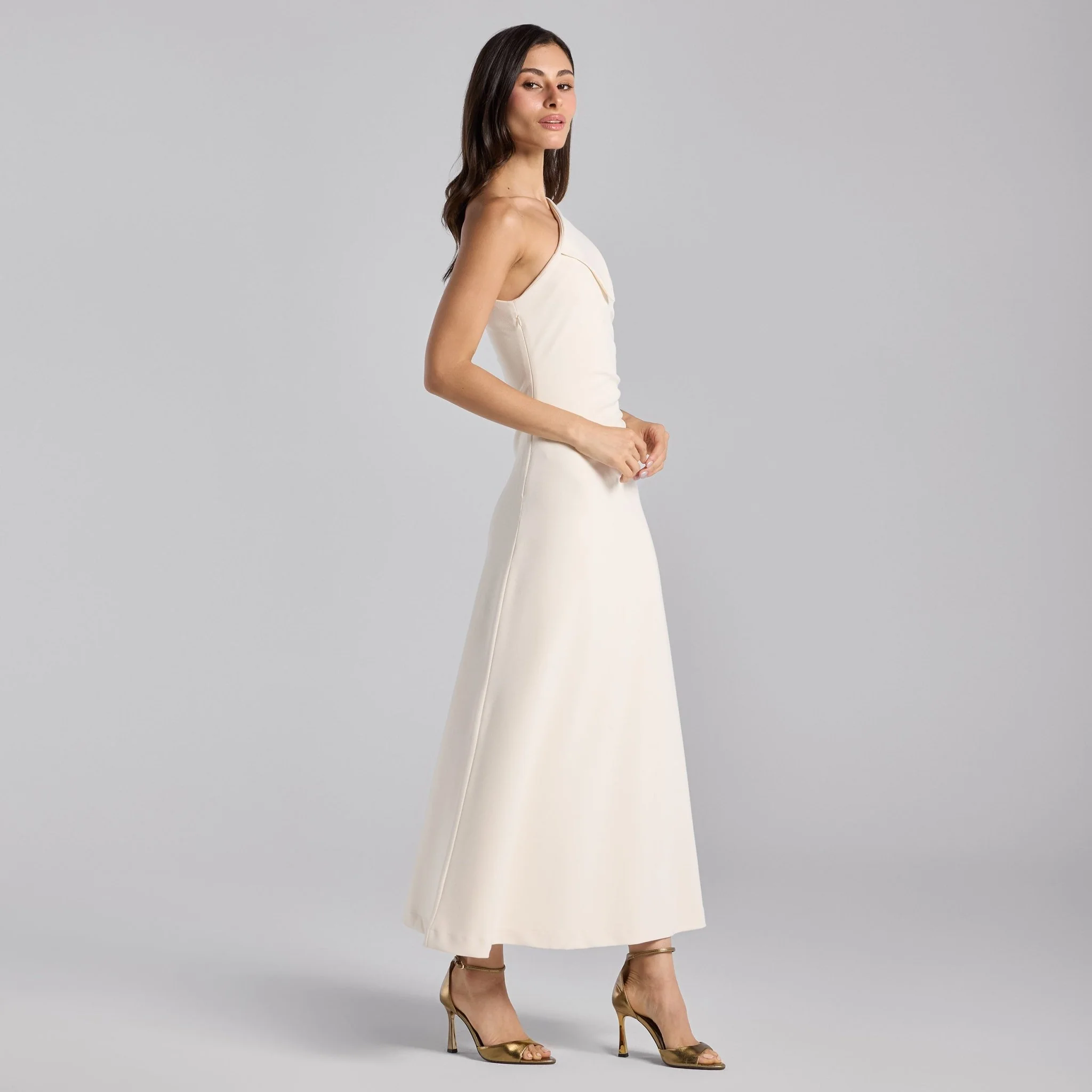 White Asymmetric Folded Neck Crepe Maxi Dress - Image 3