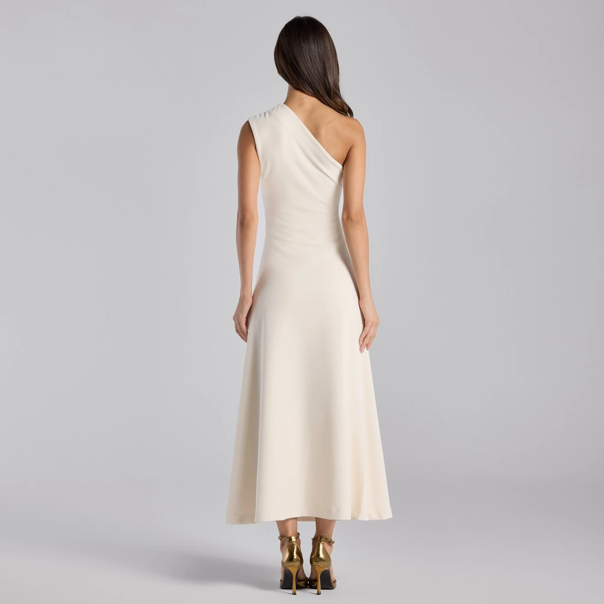 White Asymmetric Folded Neck Crepe Maxi Dress - Image 5