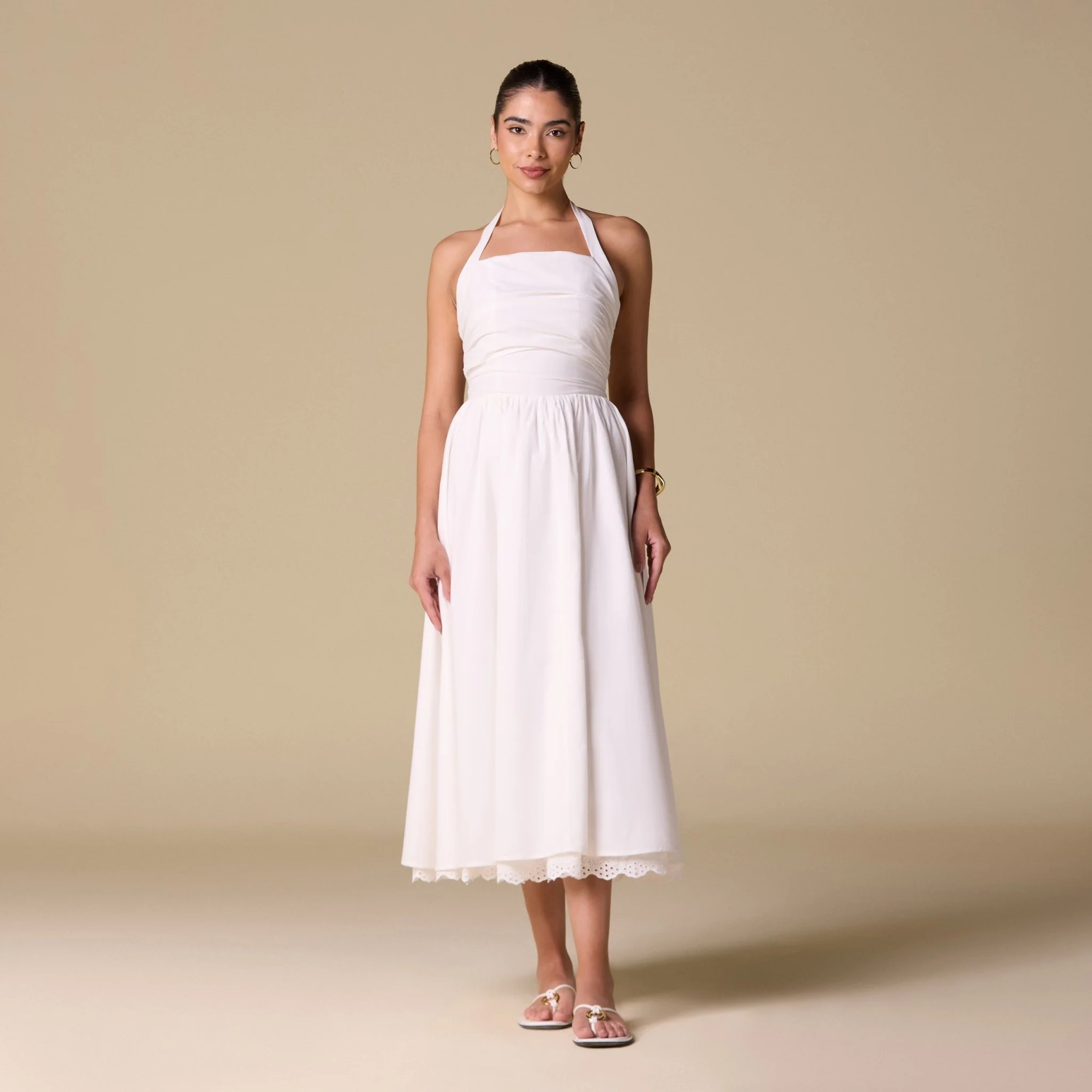 White Cotton Broderie Anglaise Halter Midi Dress