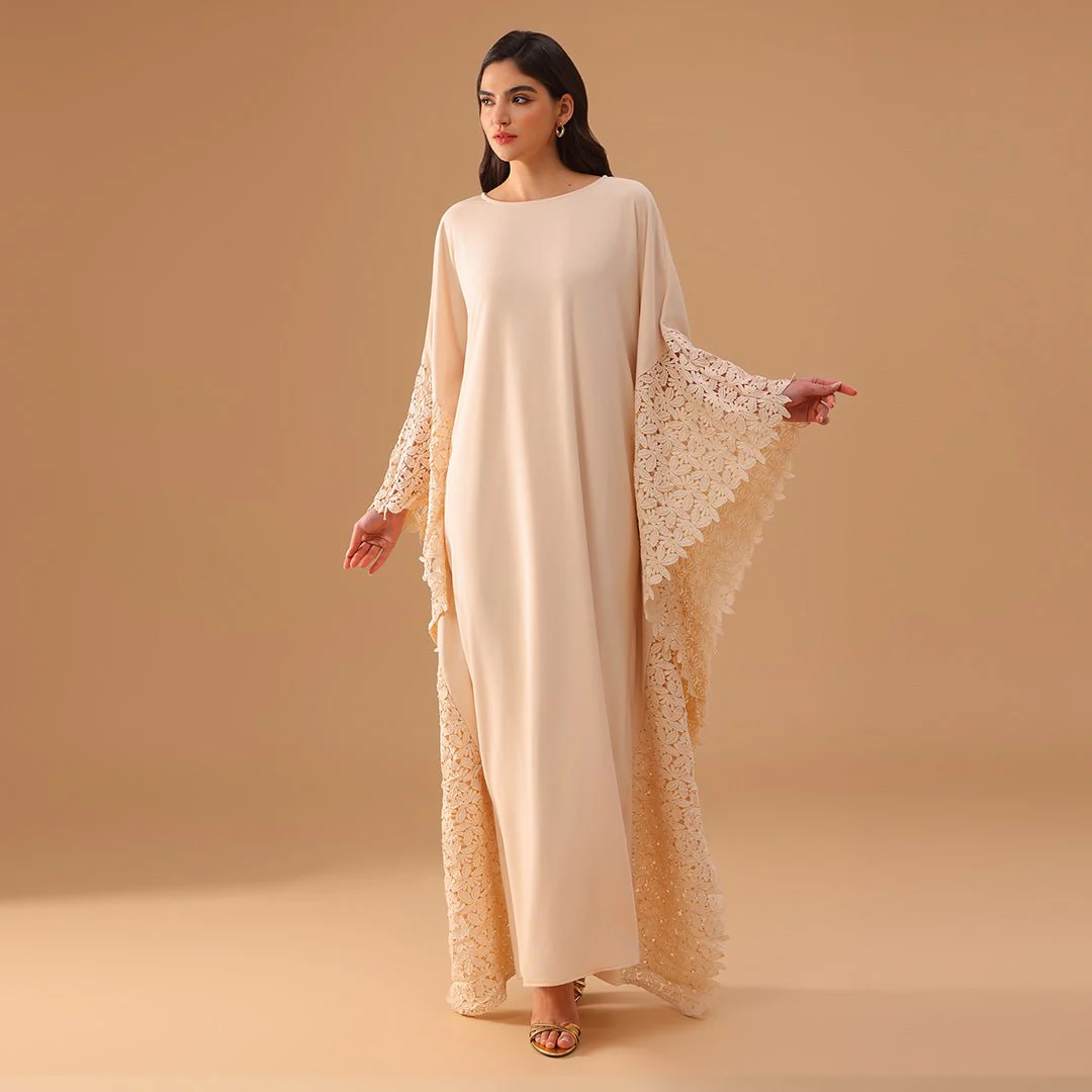 Crepe Kaftan with Lace Embellished Sleeves