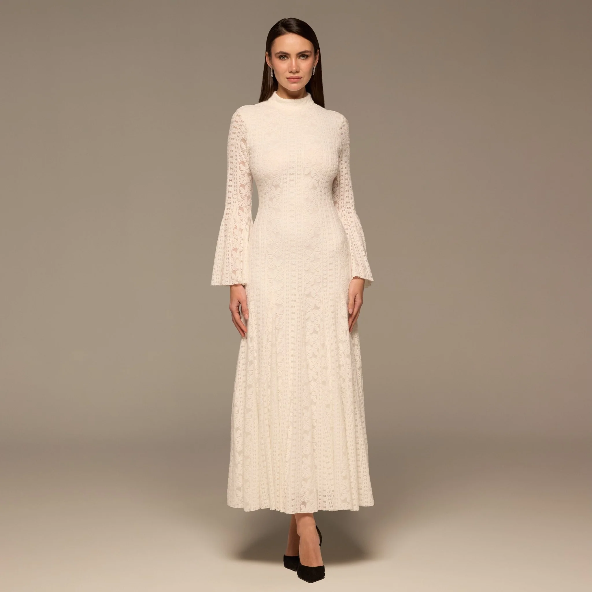 White Long Flared Sleeve Lace Dress