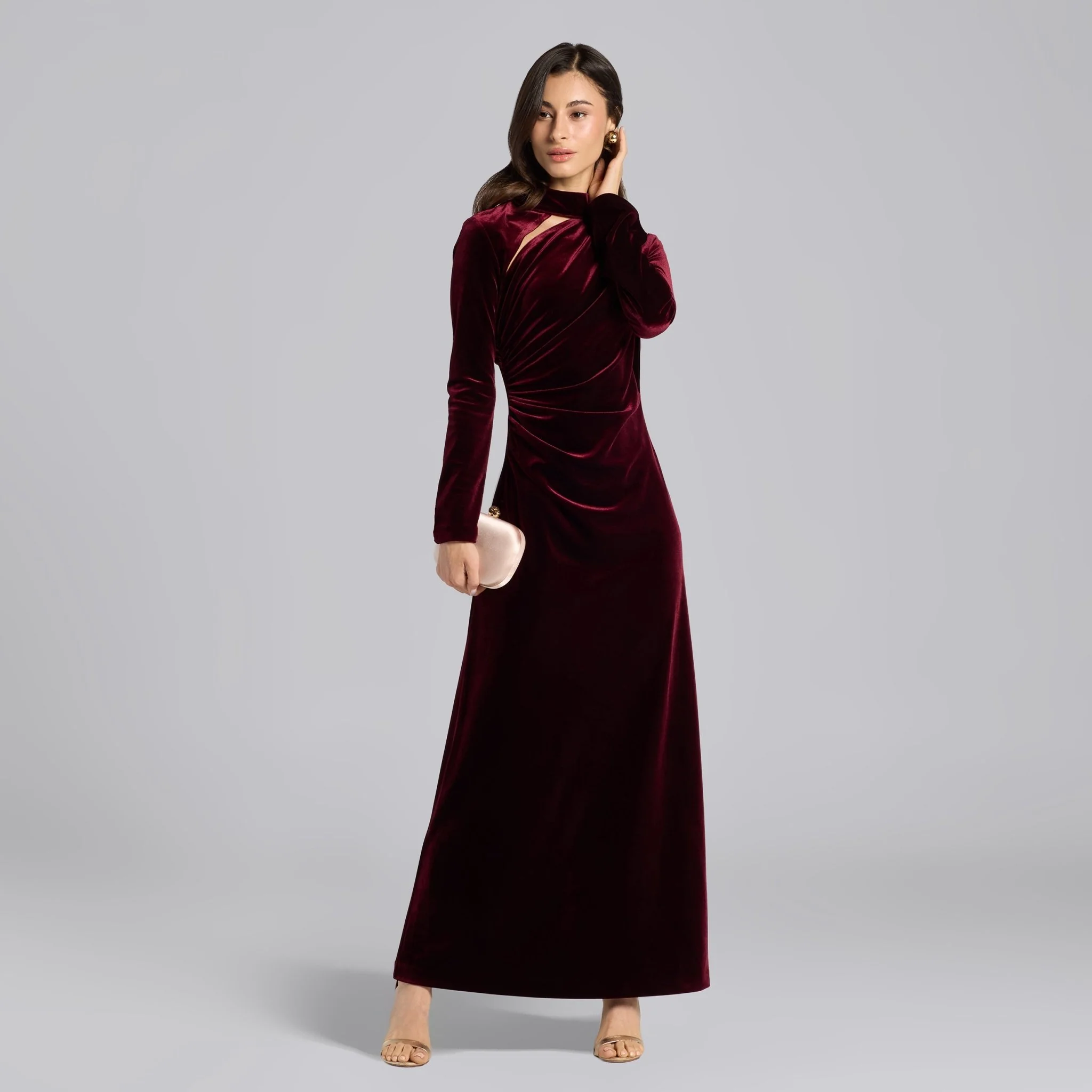 Burgundy Velvet High Neck Maxi Dress