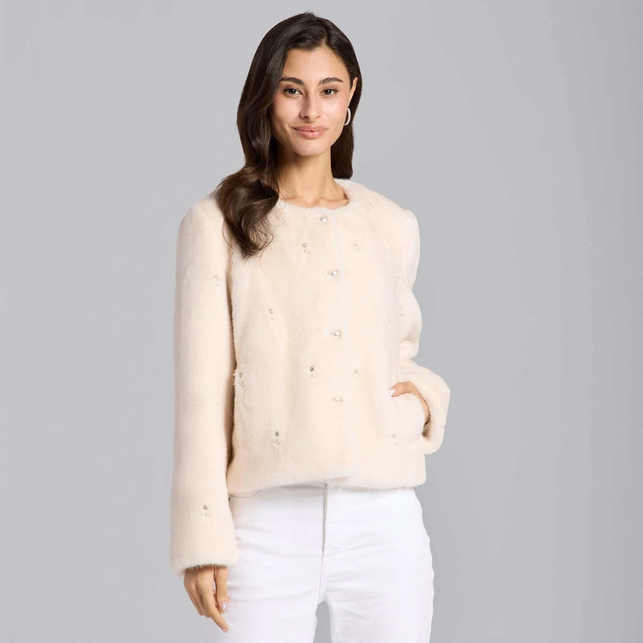 White Faux Mink Fur Pearl-Embellished Jacket