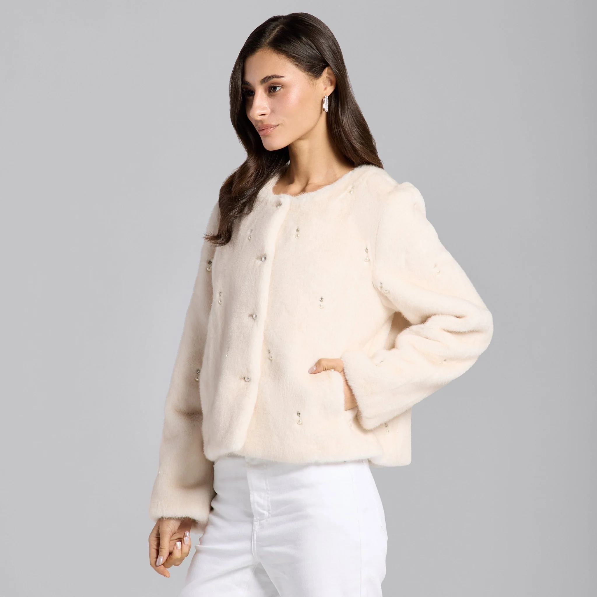 White Faux Mink Fur Pearl-Embellished Jacket - Image 3