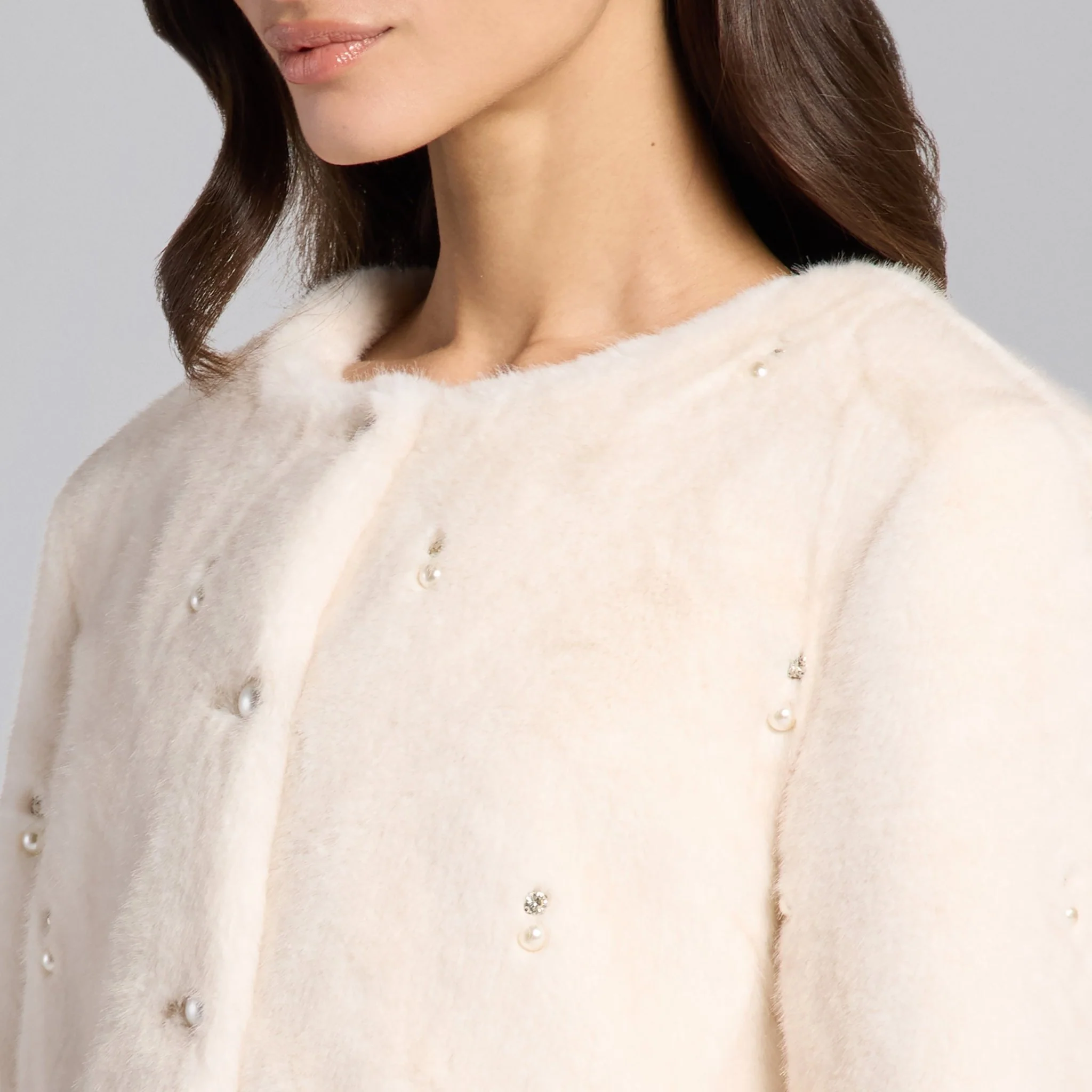 White Faux Mink Fur Pearl-Embellished Jacket - Image 4