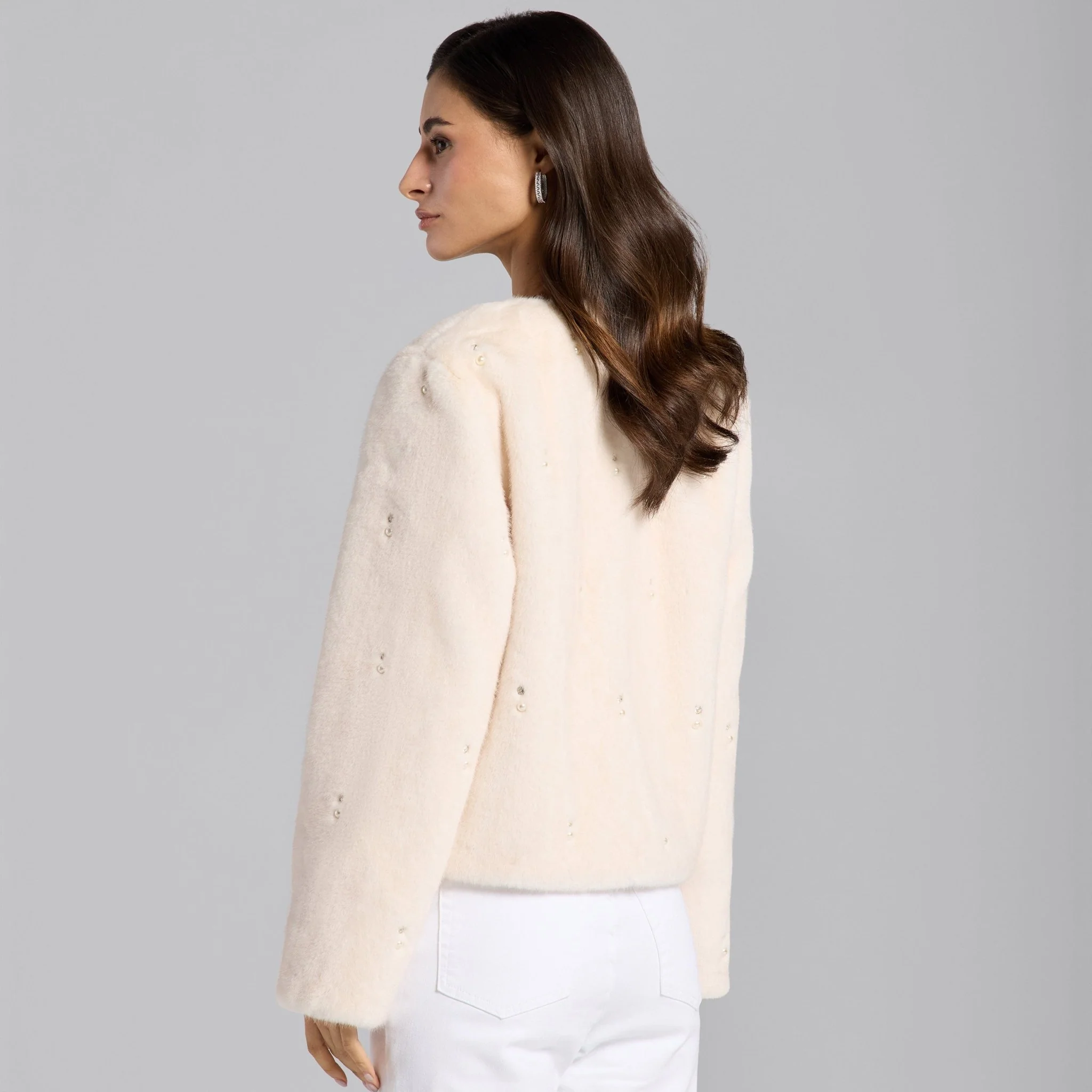 White Faux Mink Fur Pearl-Embellished Jacket - Image 5