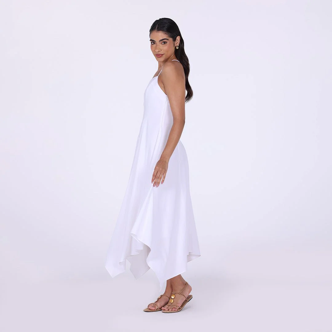 White Halter Straps Hanky Hem Midi Dress - Image 2