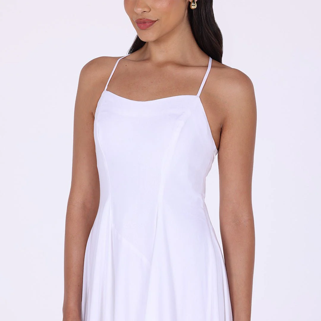 White Halter Straps Hanky Hem Midi Dress - Image 3